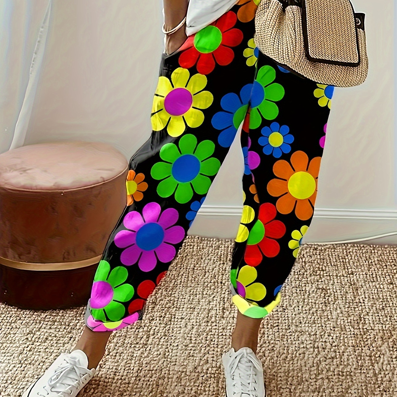 

Women's Fashion Floral Print Casual Pants With Pockets, Vibrant Flower Pattern, Relaxed Fit, Streetwear Style For Fall & Winter