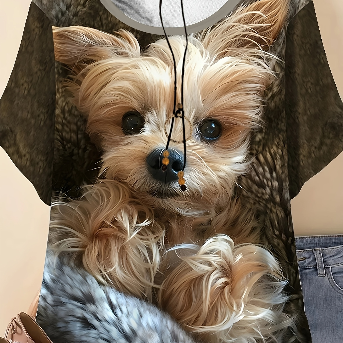 

T-Shirt Décontracté Grande Taille pour Femme avec Imprimé 3D de Yorkshire Terrier, Manches Courtes, Col Rond - Mélange de Polyester , Lavable en Machine, T-Shirts Grande Taille