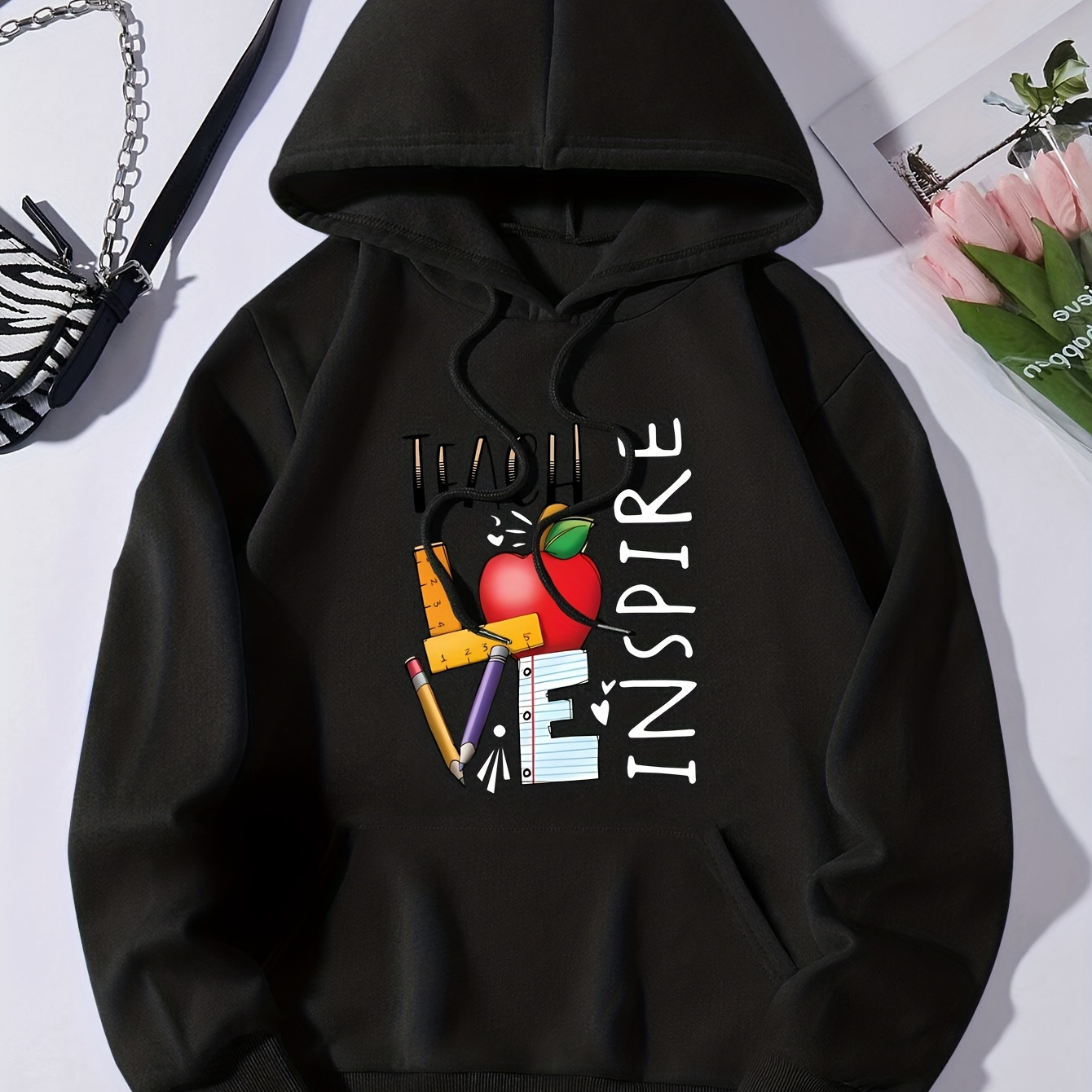 

Teach Love Inspire Print Hoodie, Casual Pocket Long Sleeve Drawstring Hoodies Sweatshirt, Women's Clothing