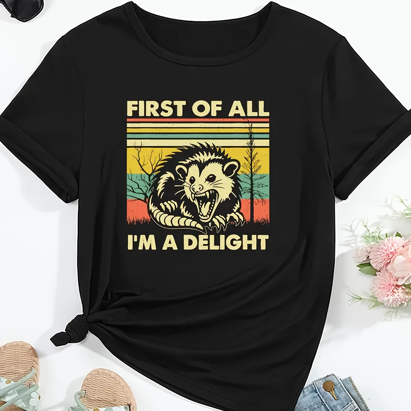 

Women's Casual Crew Neck Short Sleeve T-shirt With Rainbow Stripe And "first Of All, I'm A Delight" Print, 100% Polyester Knit Fabric, Slight Stretch, Summer Collection