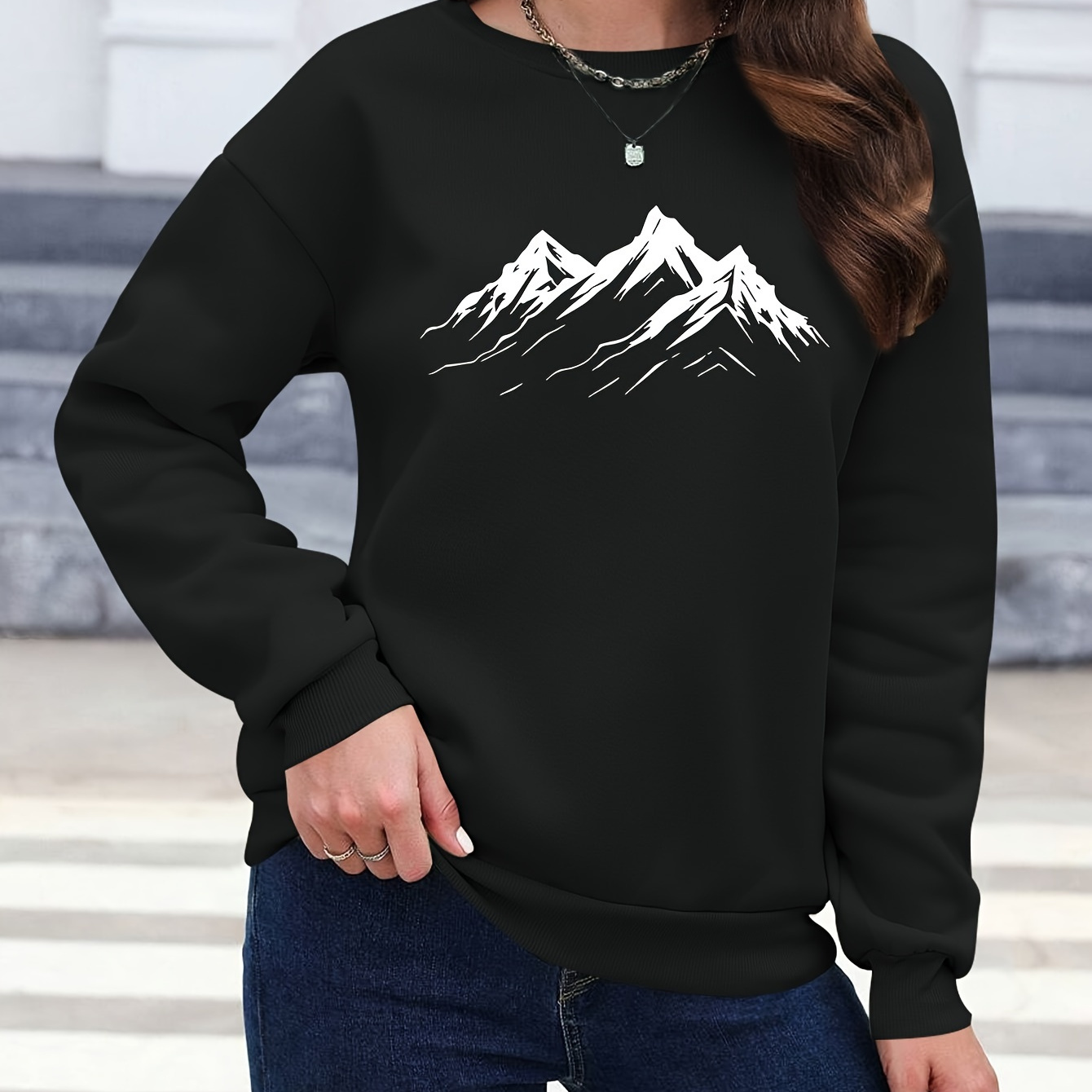 

Mountain Print Pullover Sweatshirt, Long Sleeve Crew Neck Casual Top For Fall & Winter, Women's Clothing