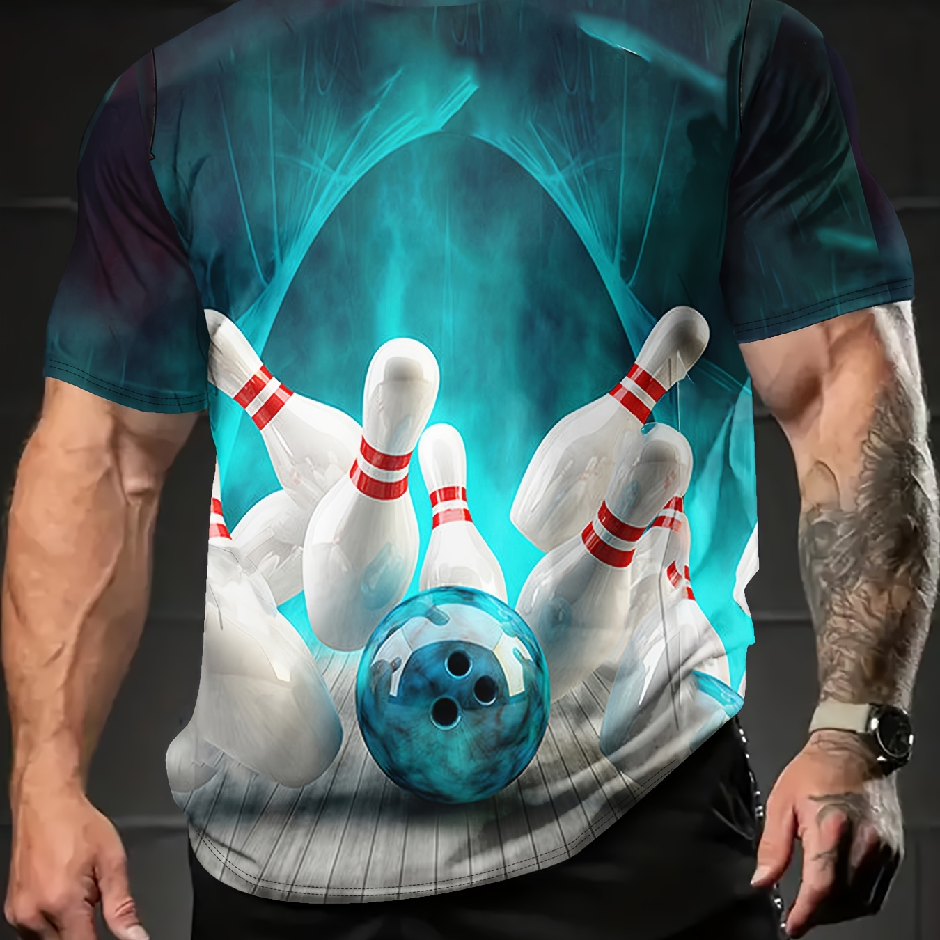 

Bowling 3d Printed Crew Neck Short Sleeve T-shirt For Men, Casual Summer T-shirt For Daily Wear And Vacation Resorts