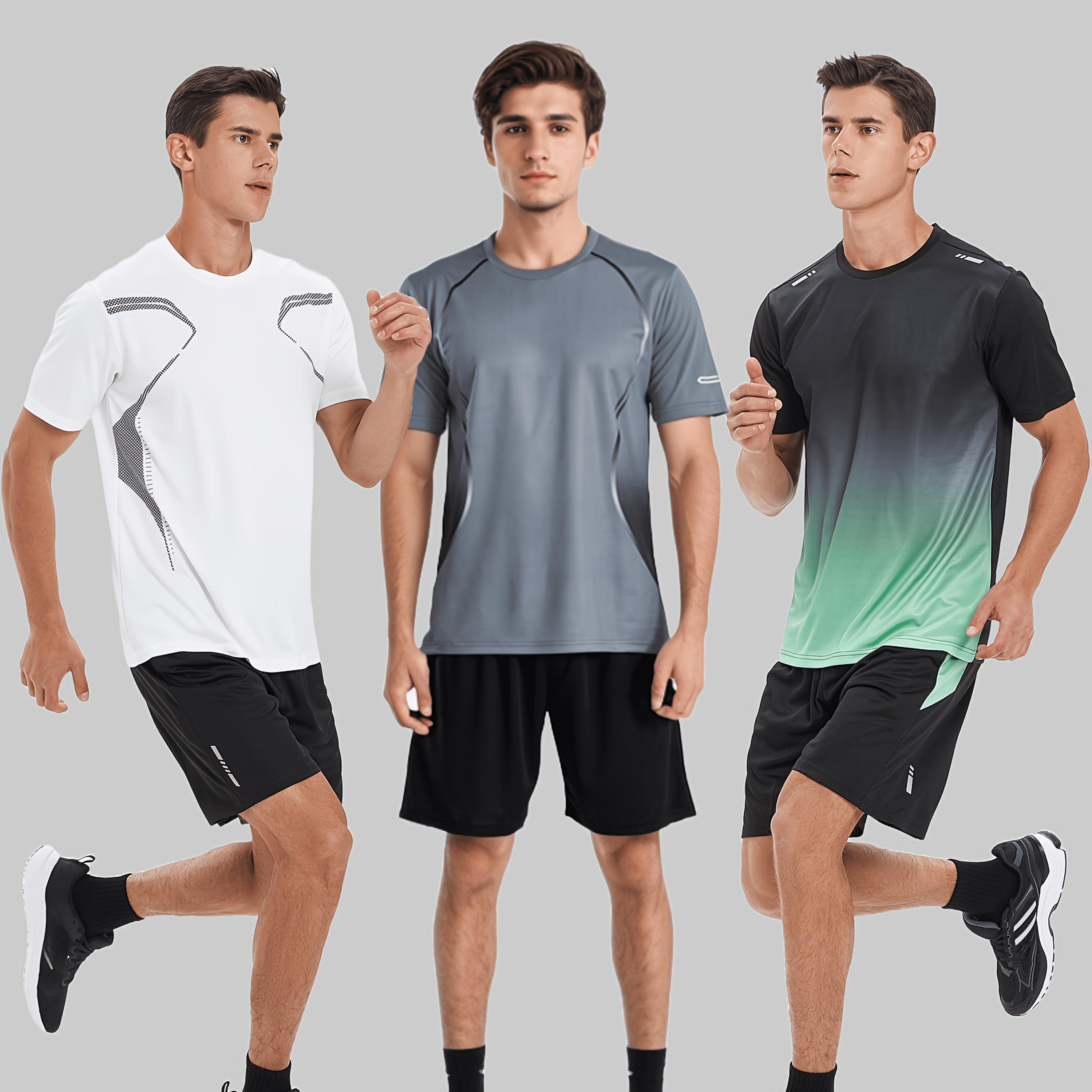 

6pcs Men's Set, Summer Short Sleeve Crew Neck T-shirts With Running Basketball Shorts, Quick-dry Polyester Knit Fabric, Regular Fit For Soccer, Volleyball, Hiking & Outdoor Activities