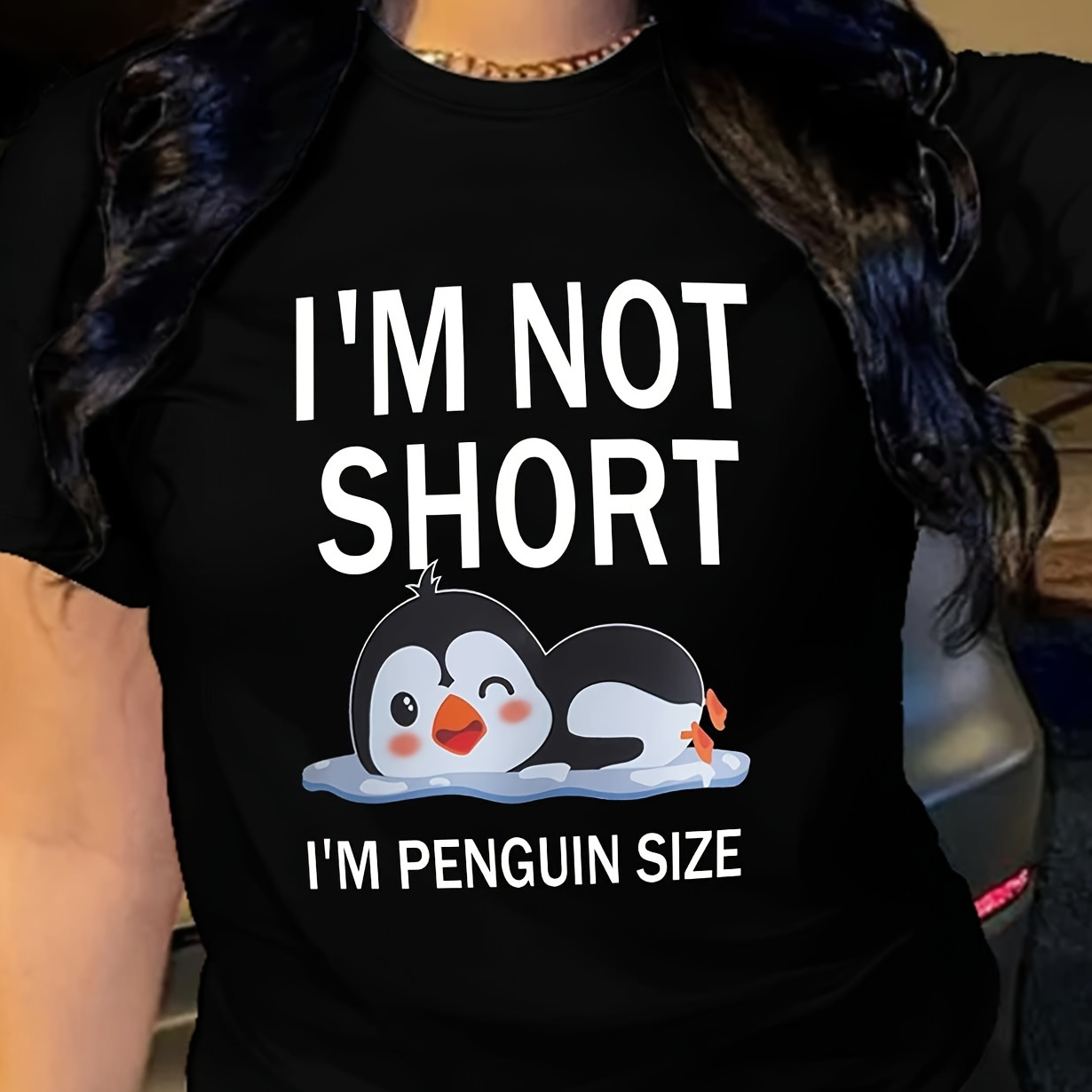 

Cute Penguin & Letter Print T-shirt, Short Sleeve Crew Neck Casual Top For Summer & Spring, Women's Clothing