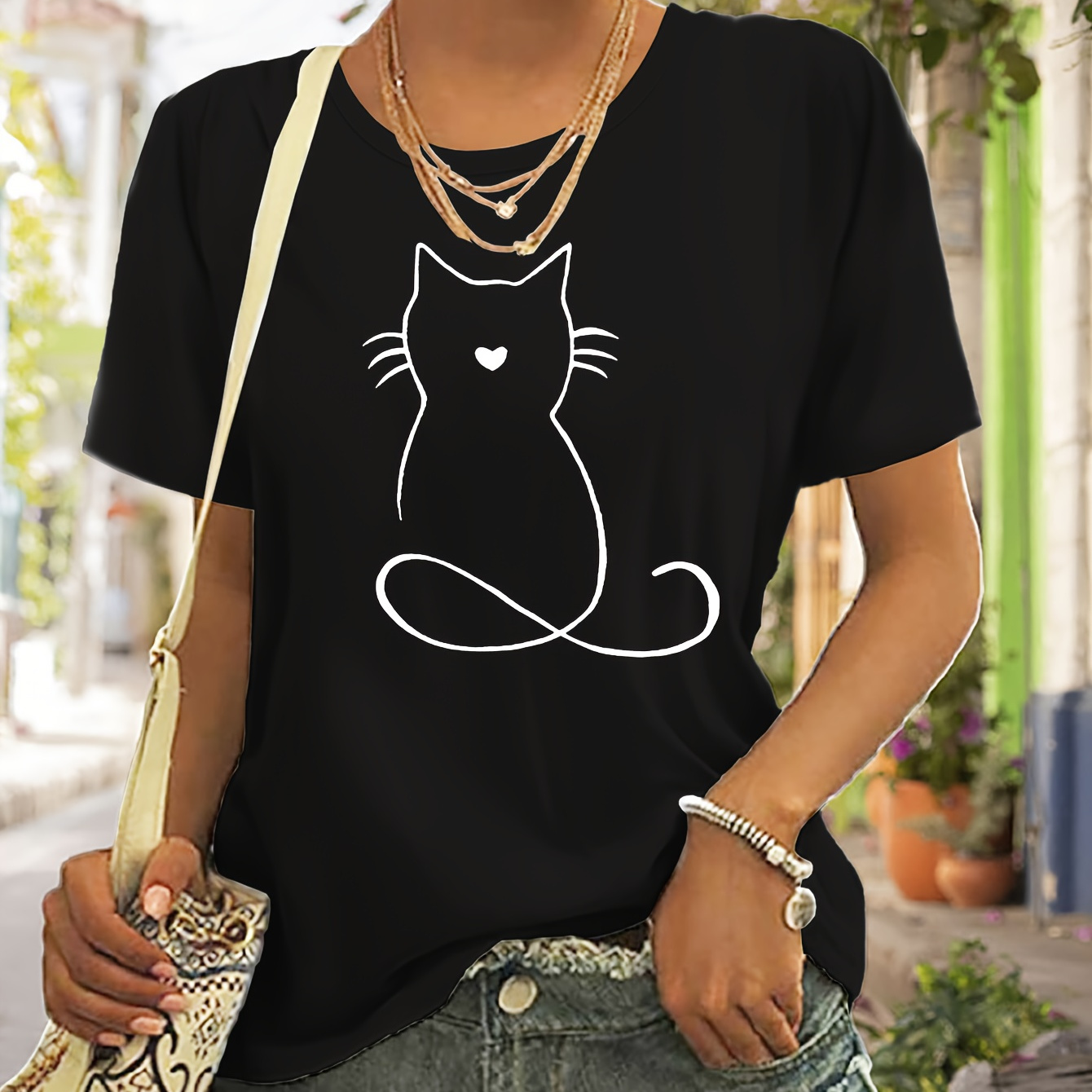 

Cat Print T-shirt, Short Sleeve Crew Neck Casual Top For Summer & Spring, Women's Clothing