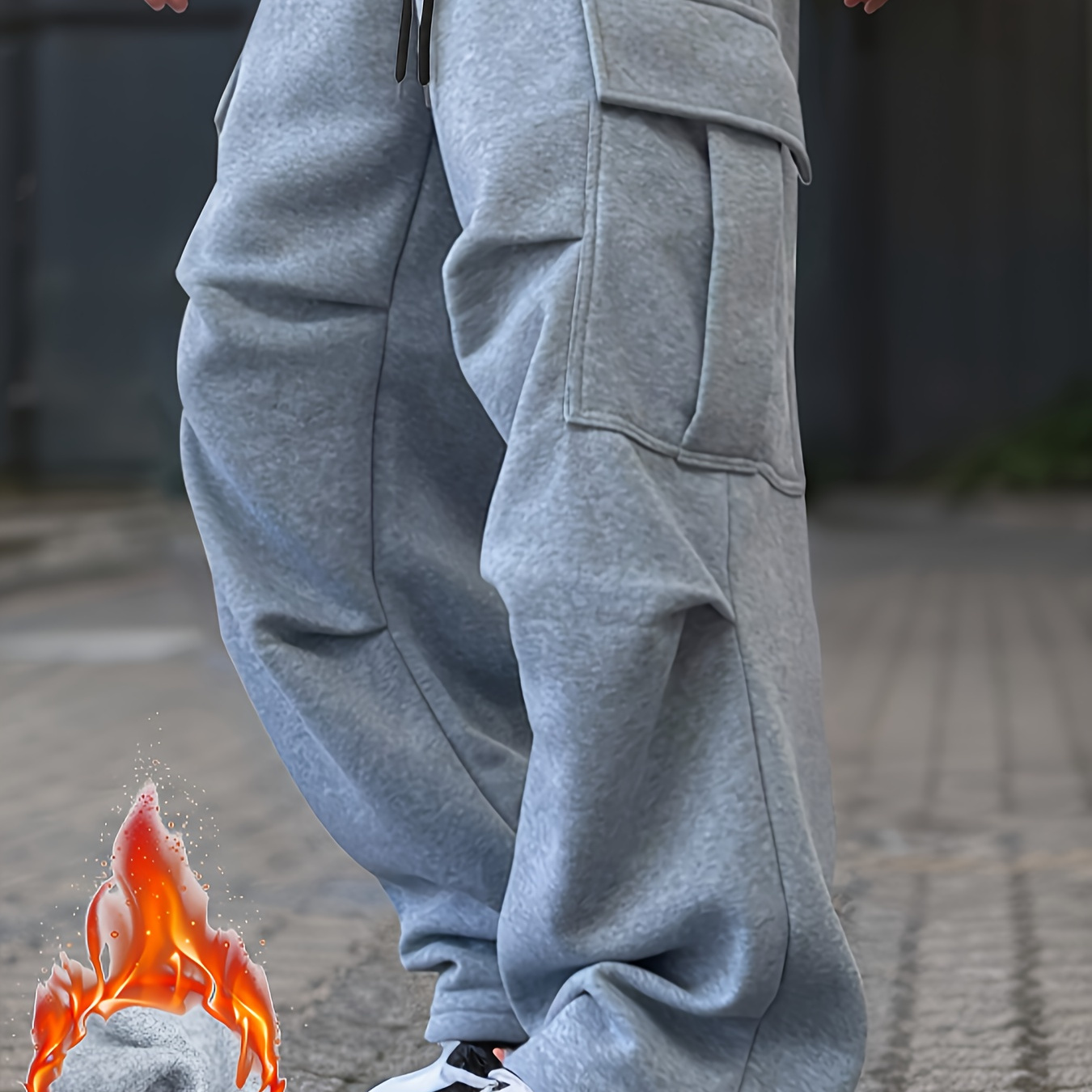 

Men's Warm Fleece-lined Cargo Pants With Multiple Flap Pockets - Casual & Outdoor Wide Leg Trousers, Hip-hop Style, Fall/winter