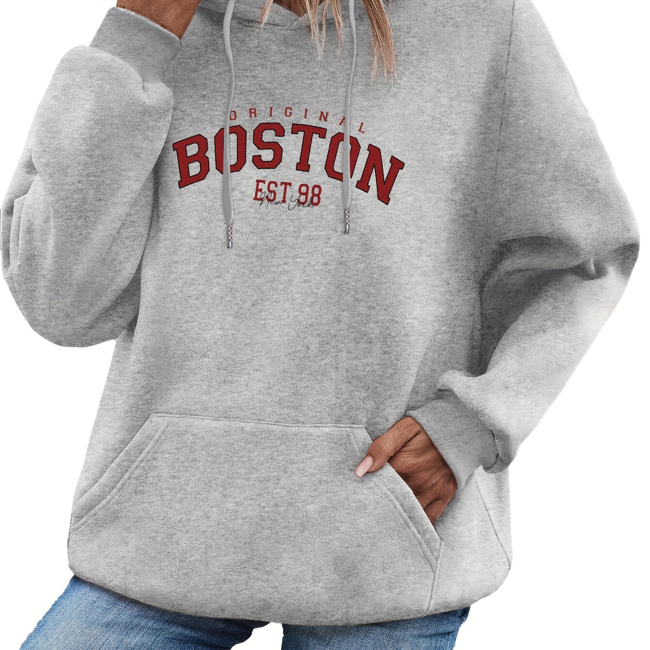 

Sweat à capuche décontracté pour femme, imprimé original Boston Est. 98, pull à manches longues, tissu tricoté, 95 % polyester 5 % élasthanne, coupe standard, haut de mode automne/hiver