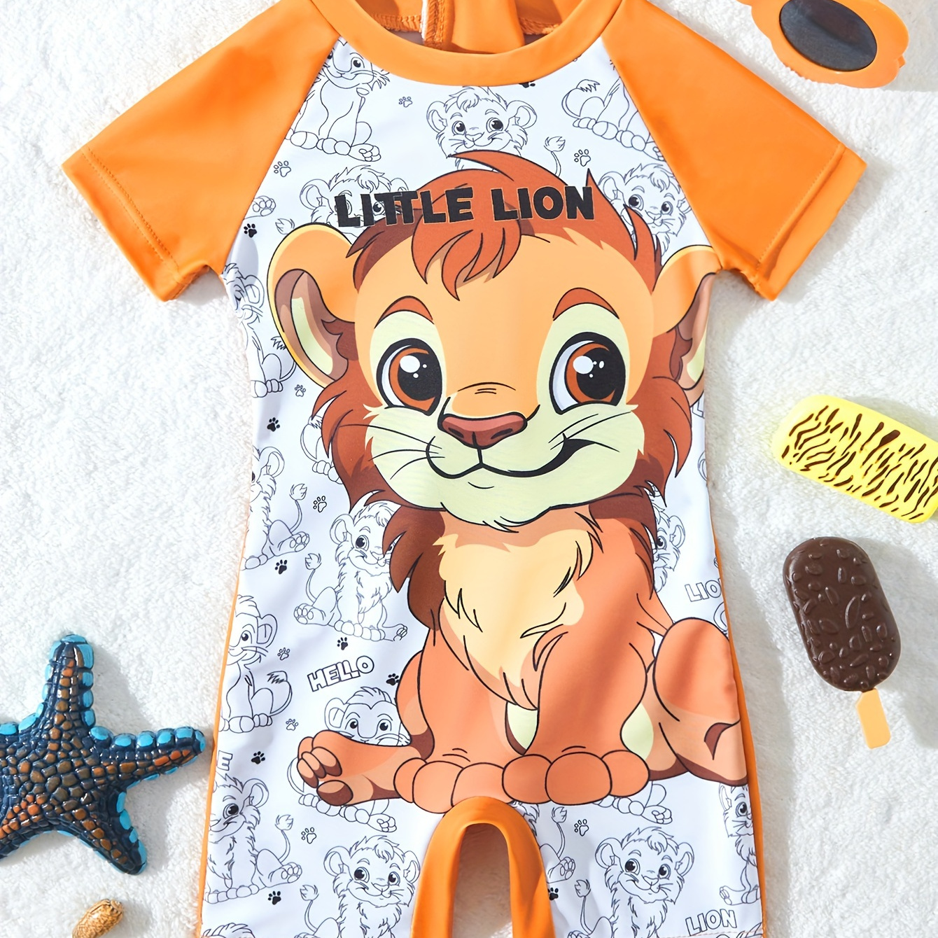 

Baby Boys Cartoon Lion Print Cute Swimwear, Short Sleeve Quick Dry Summer Holiday Beach Surfing Swimsuit