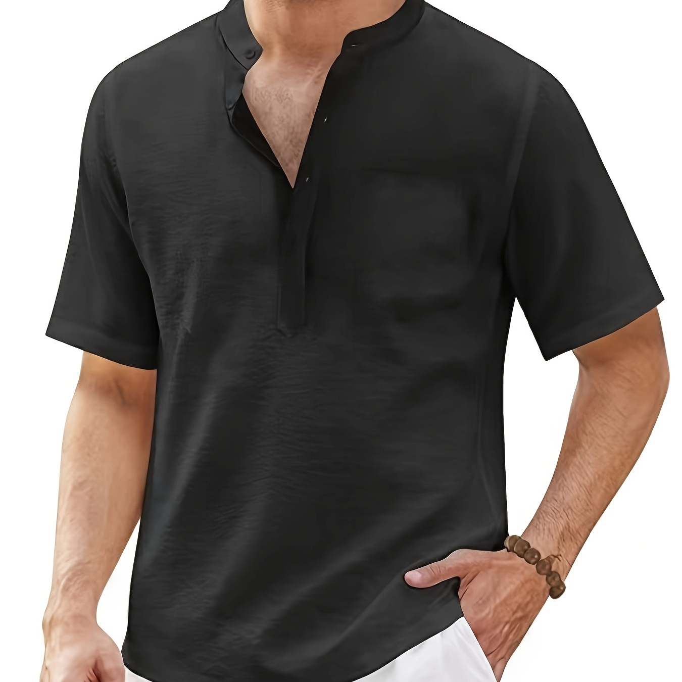 

Men's Loose Solid Shirt, Casual Stand Collar Button Up Short Sleeve Shirt For Summer Outdoor Activities