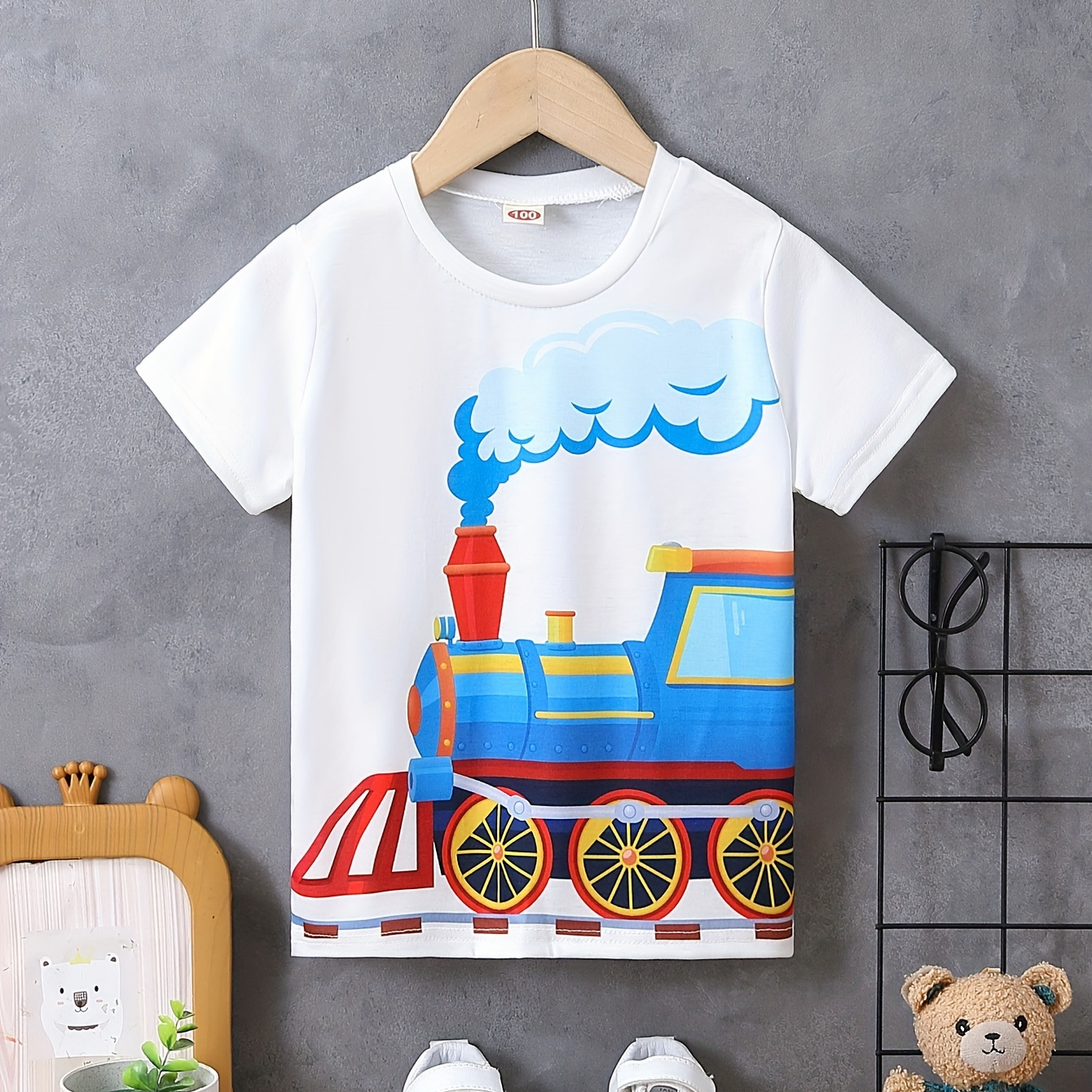 

Cartoon Train Print Crew Neck T-shirt, Short Sleeve Casual Comfy Summer Tee Tops For Boys