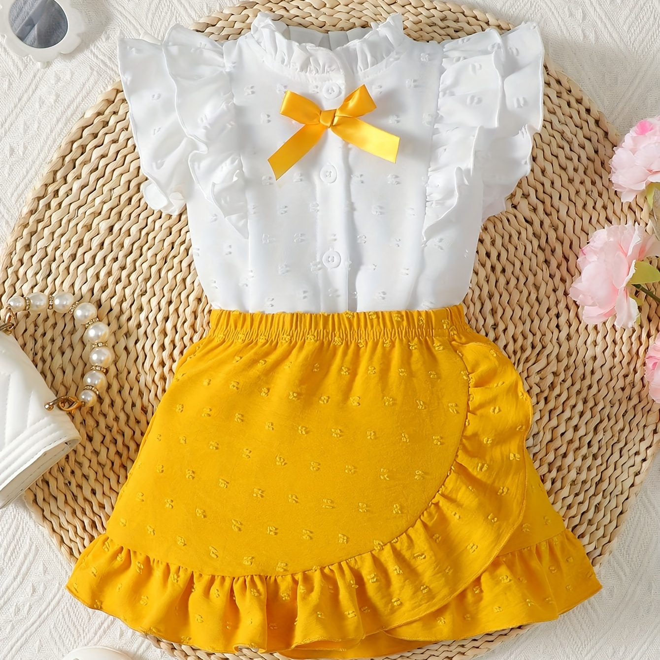 

2pcs Infant & Toddler's Preppy Style Summer Outfit, Bowknot Decor Cap Sleeve Blouse & Ruffle Trim Skirt, Baby Girl's Clothes