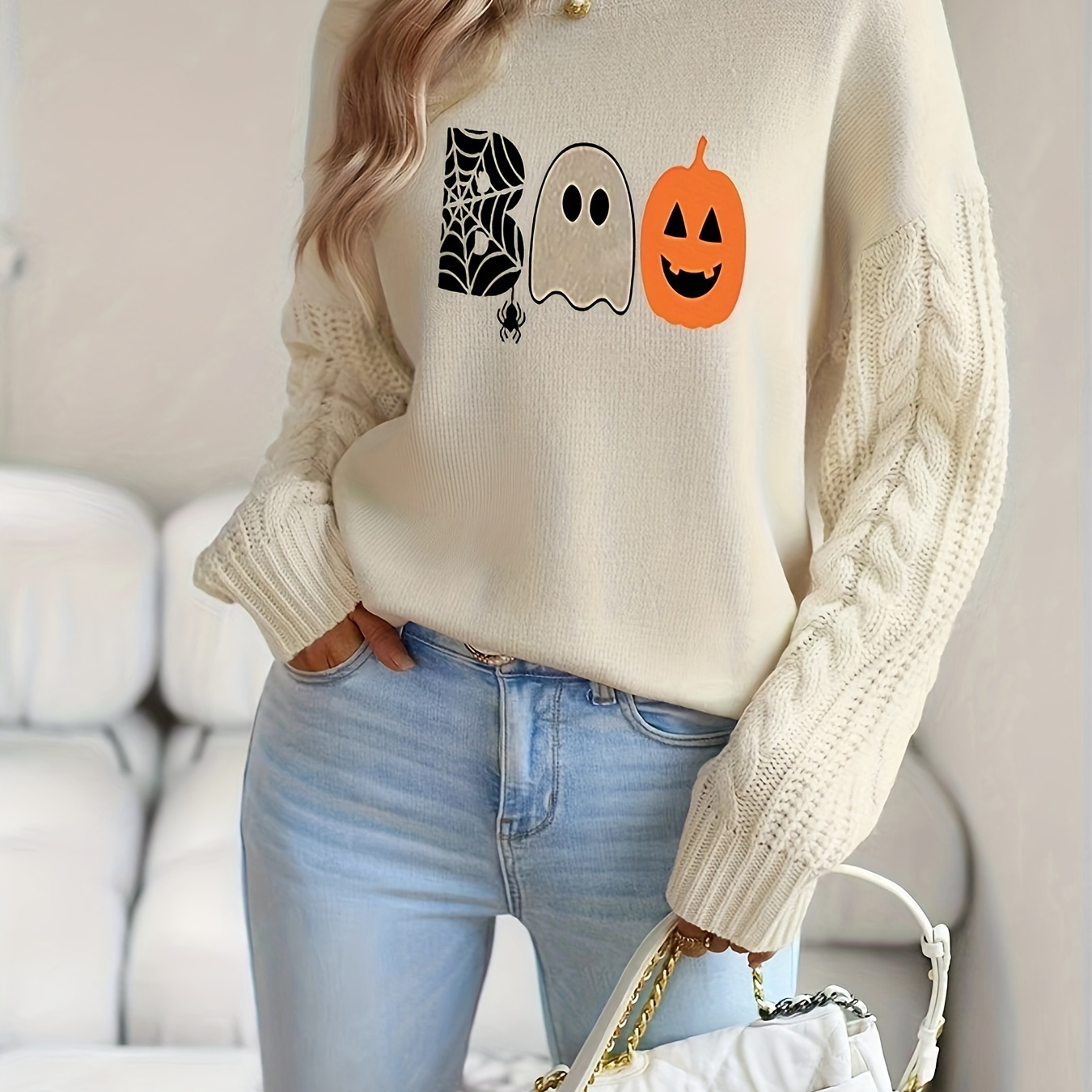 

Cozy Cable Knit Sweater For Women - Vintage-inspired, Long Sleeve Pullover With & Letter Prints, Fall/winter