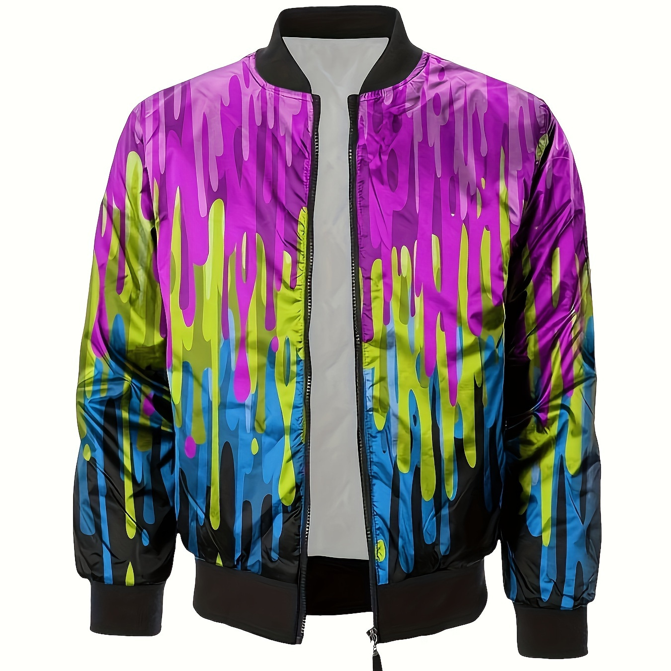 

Men's Colorful Paint Mark Pattern Long Sleeve And Zipper Down Sports Jacket With Stand Collar And Pockets, Stylish And Trendy Jacket For Leisurewear And Sports Wear