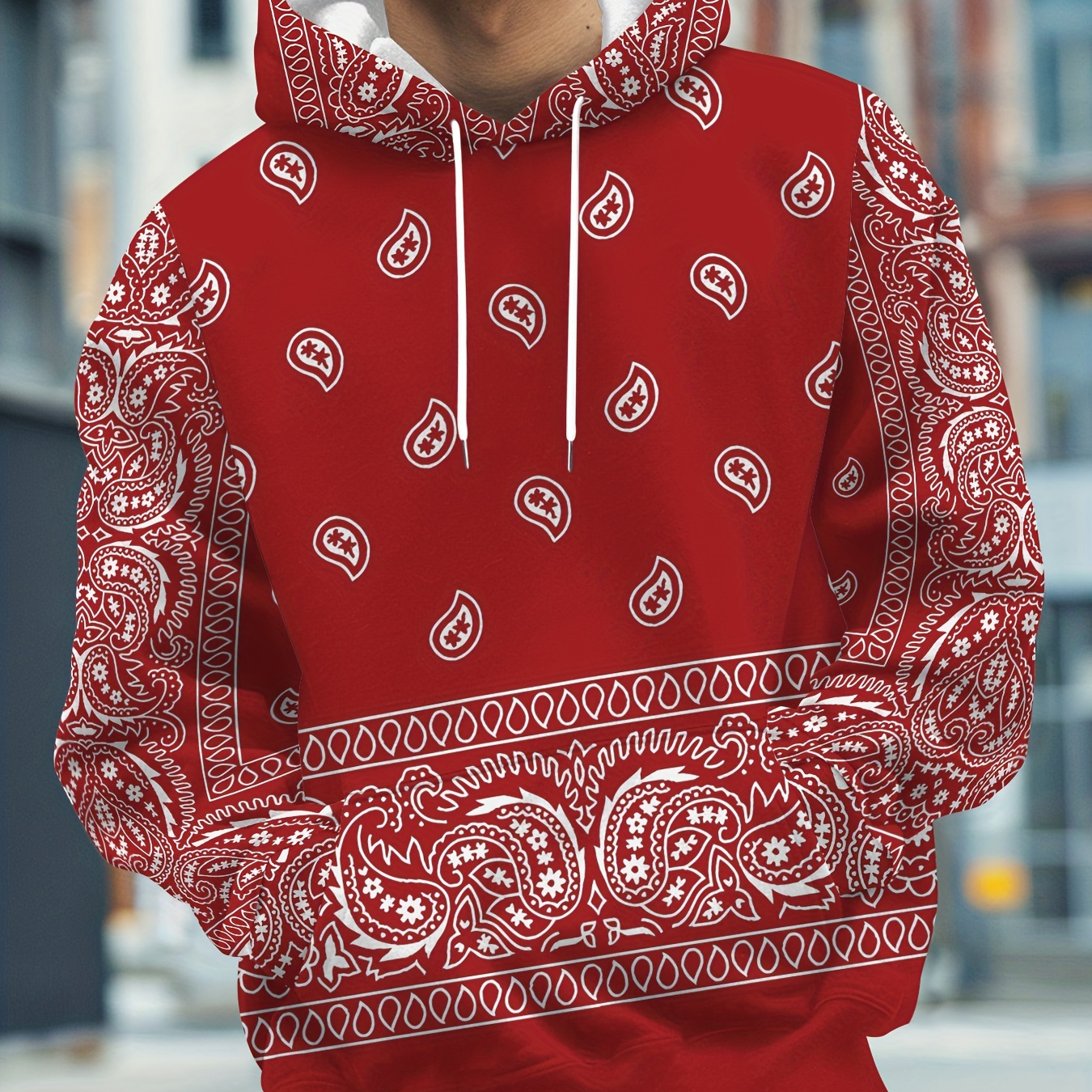 

Men's Paisley Pattern Hooded Sweatshirt, Casual Trendy Long Sleeve Pullover As Gift