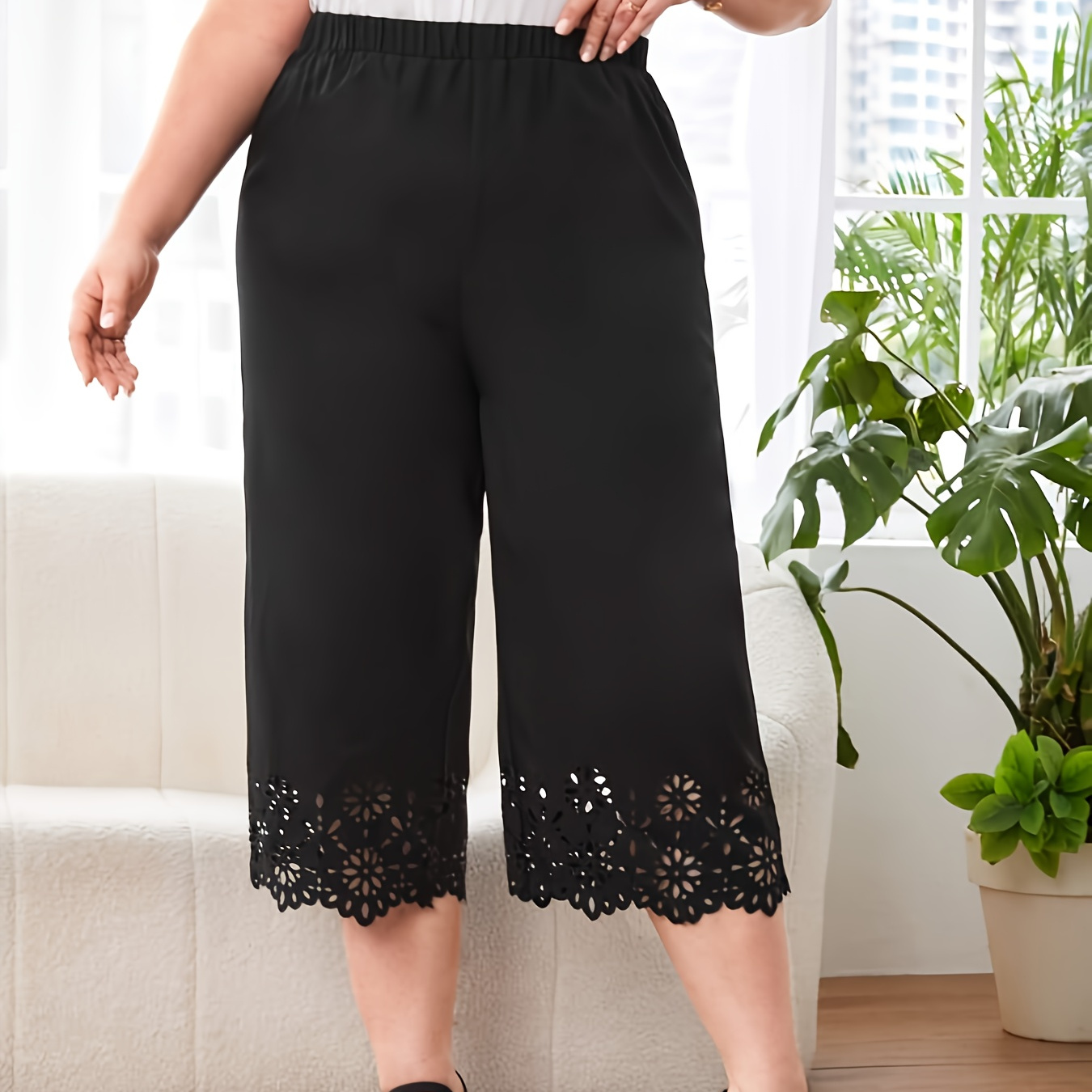 

Plus Size Elegant Black Capri Pants For Women - Straight Fit With Waist & Lace Hem Detail, Lightweight Polyester, Ideal For Casual Spring/summer Wear, Plus Size Pants