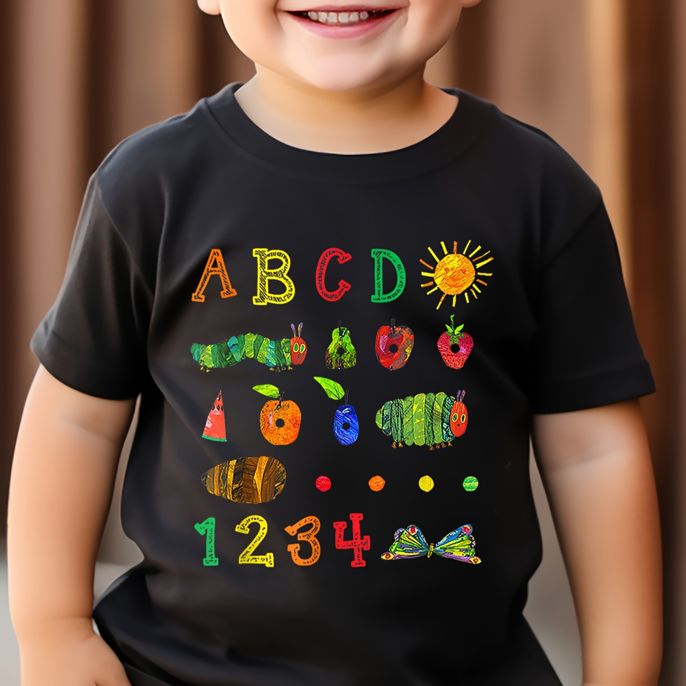 

Casual Trendy Boys' Summer Top - Letters & Numbers & Print Caterpillar Graphic Short Sleeve Crew Neck T-shirt - Trendy Tee Tops Gift