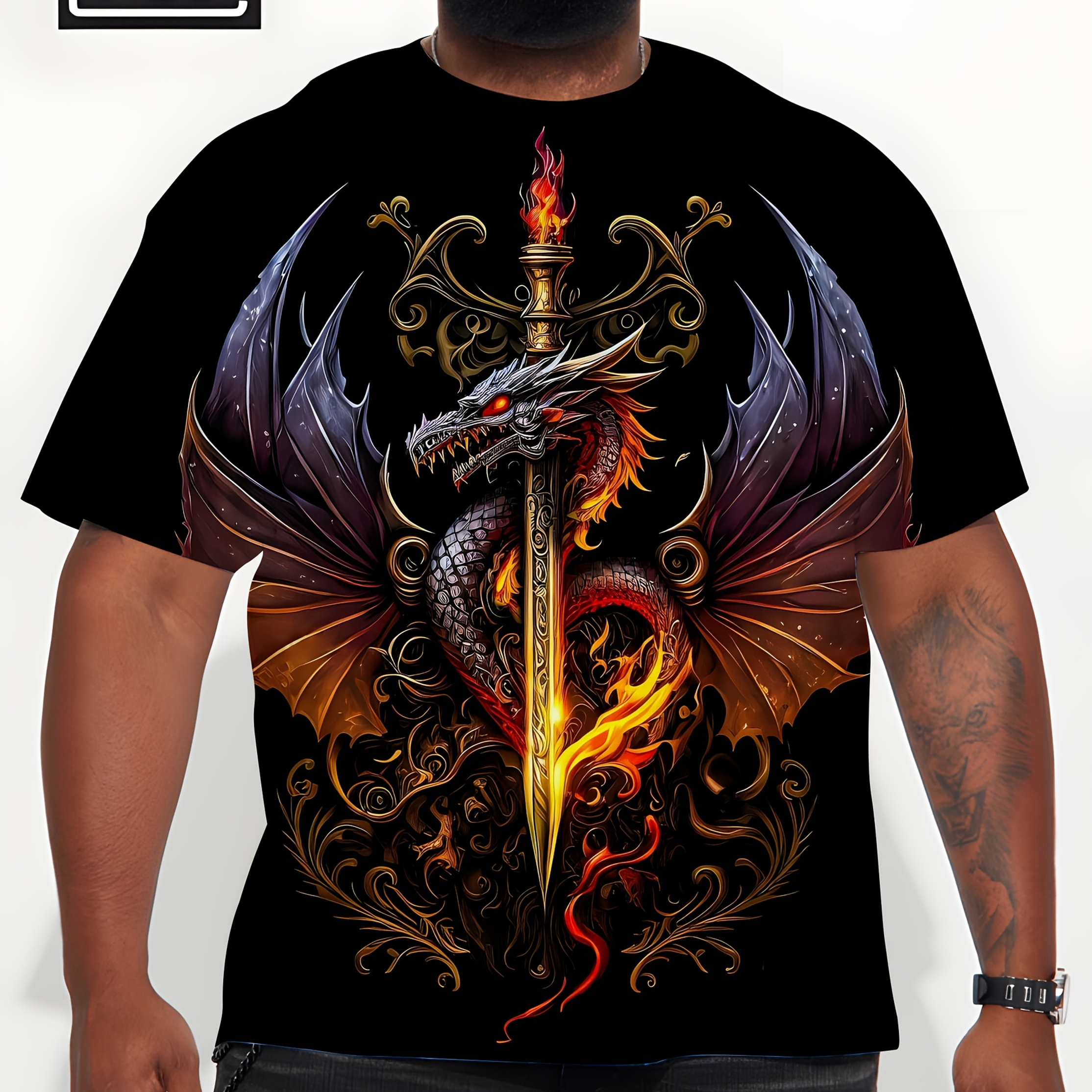 

Men's Plus Size Casual Dragon Print T-shirt - Breathable Polyester, Sword & Flame Design, Round Neck, Ideal For Outdoor Activities, , Casual Outdoor Wear| Clothing| Fabric , Plus Size