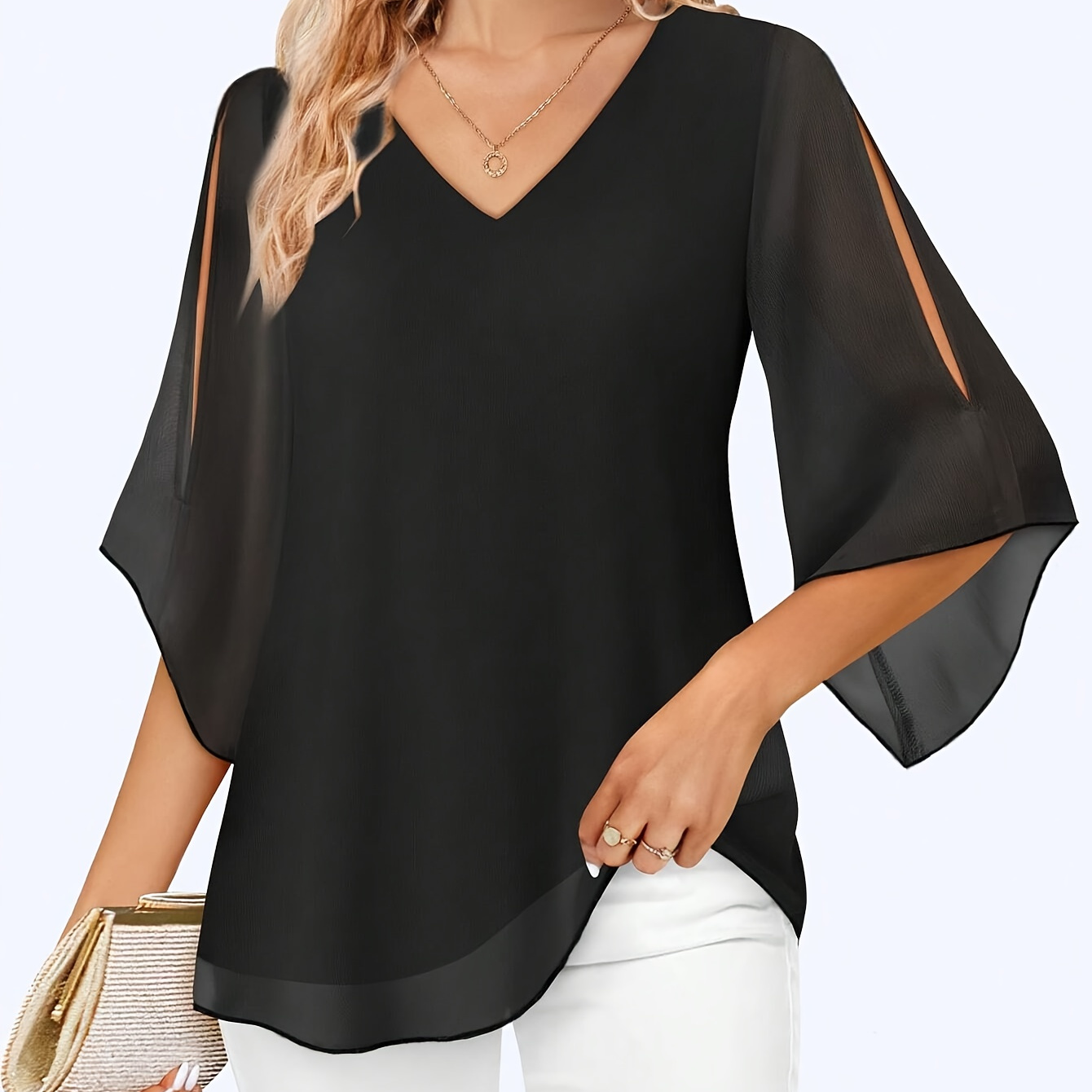 

Cheerleading Lifestyle Women's 3/4 Sleeve V-neck Double-layer Mesh Top, Loose And Suitable For A Flowing Elegant Look.