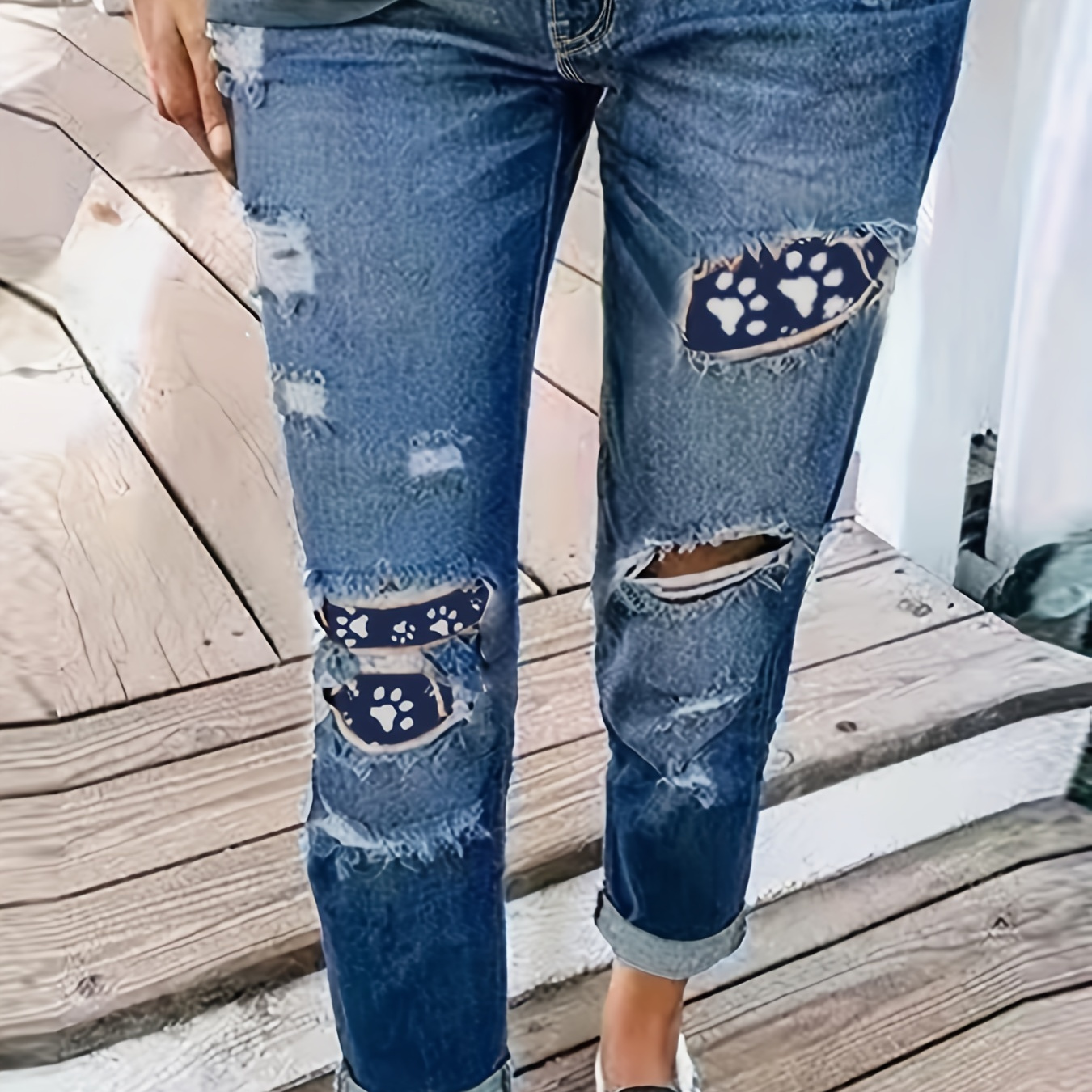

Plus Size Trendy Jeans, Women's Plus Ripped Dog Paw Patched Button Fly Skinny Slimming Denim Pants