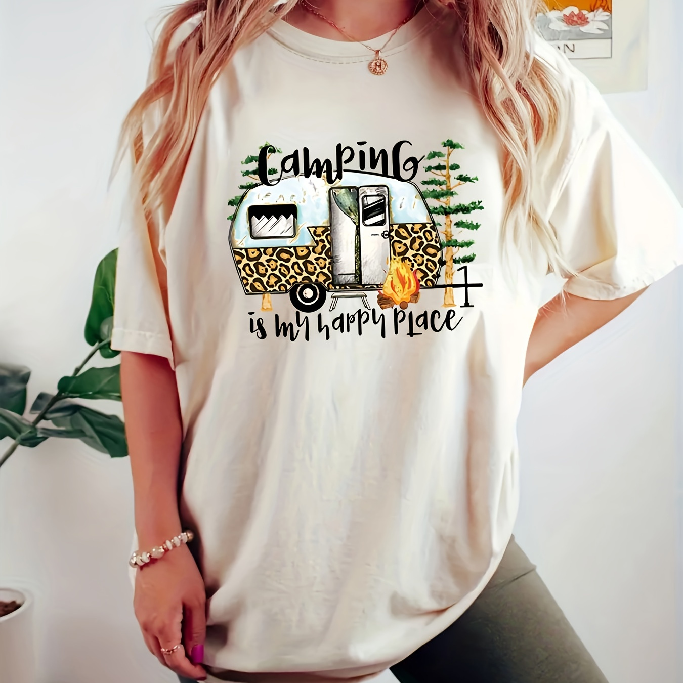 

1pc Women's Casual Crew Neck T-shirt With Cartoon Rv And , Rayon/viscose Knit Fabric, Regular Length, - "camping Is Place" Print