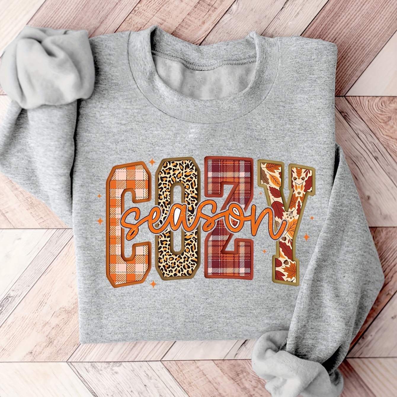 

Cozy Season" Letter Print Sweatshirt For Women - Casual Crew Neck, Soft Polyester , Machine Washable - Fall & Winter