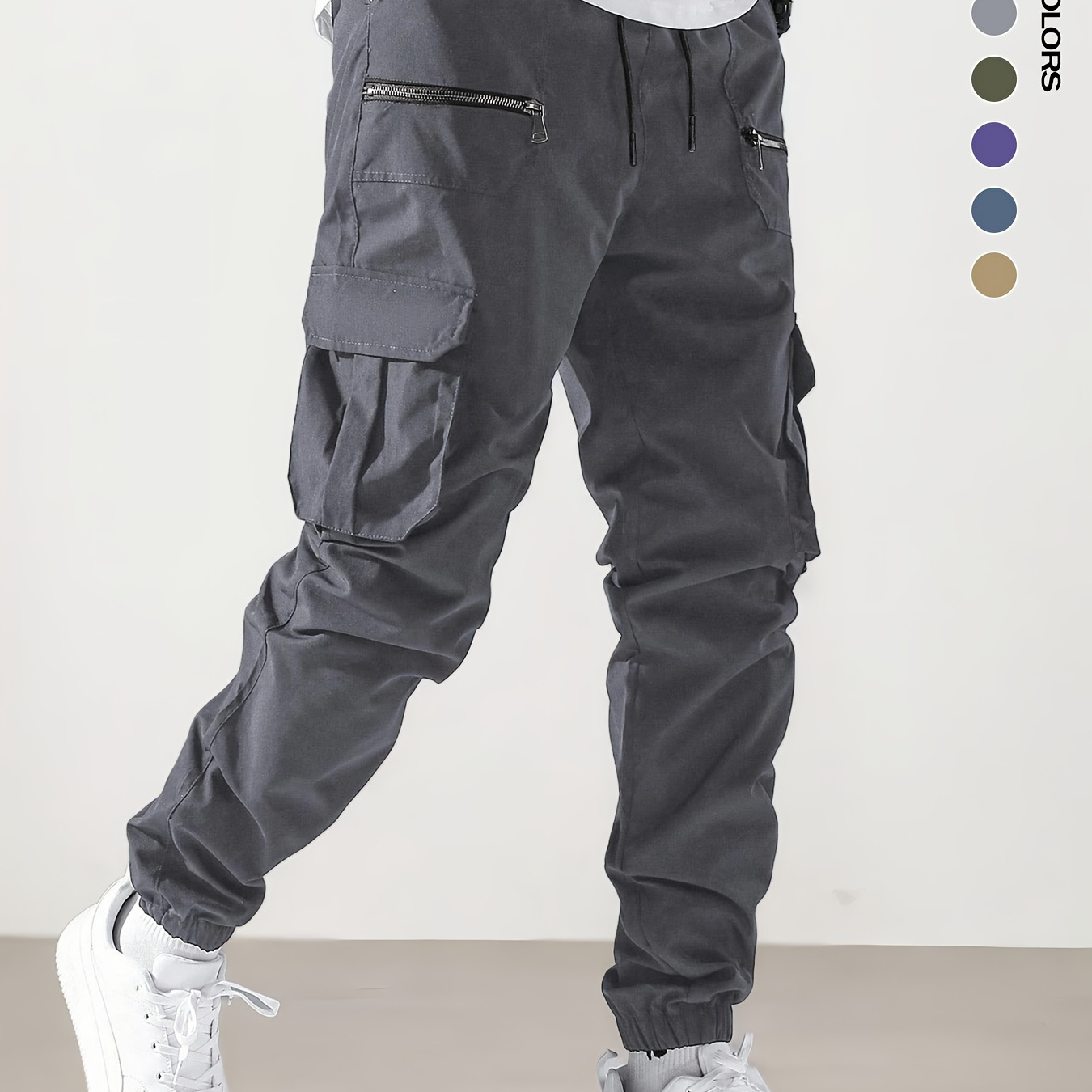 

Men's Fashion Solid Color Casual Cargo Pants With Adjustable Waist And Multiple Pockets, Zippered Design, Polyester 100% Woven Loose Fit Trousers For And Weekend Dates