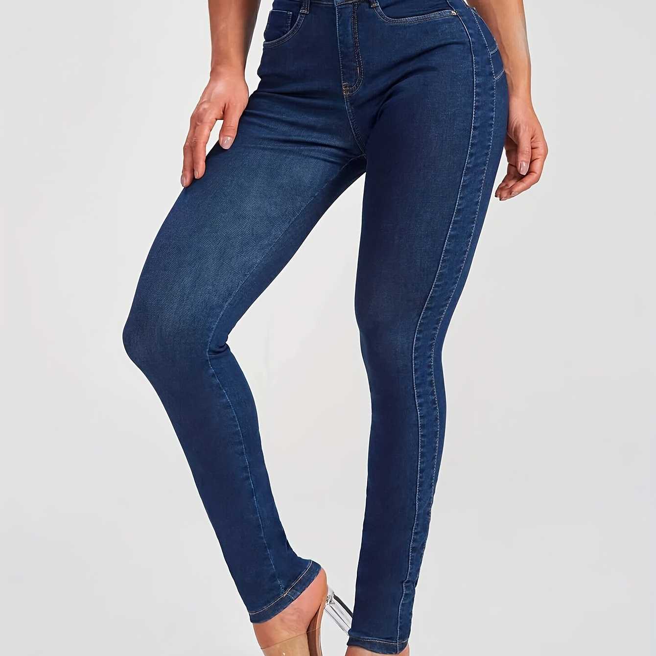 

Women's High Waist Stretchy Skinny Leg Jeans, Solid Butt Lifting Denim Pants, Classic Side Patchwork Jeans