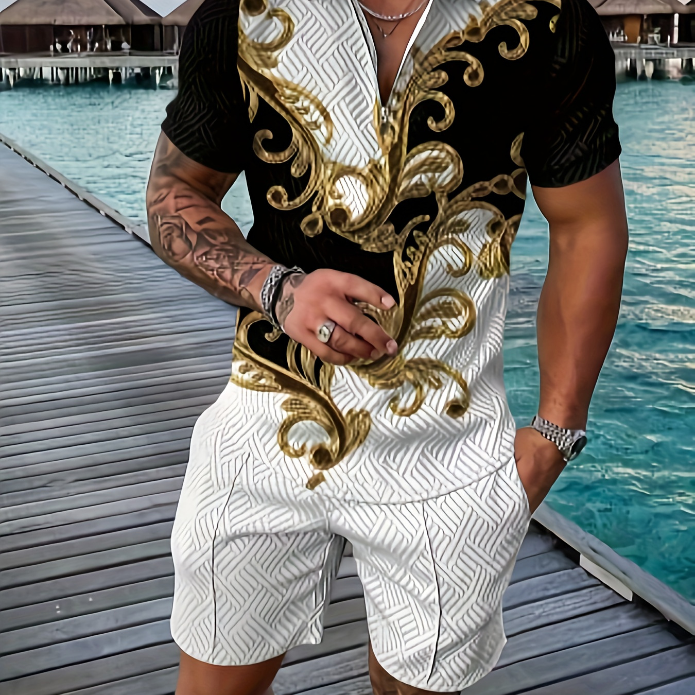 

Exquisite Pattern, Men's 2pcs Outfits, Casual Comfy Zipper Shirt And Drawstring Loose Shorts
