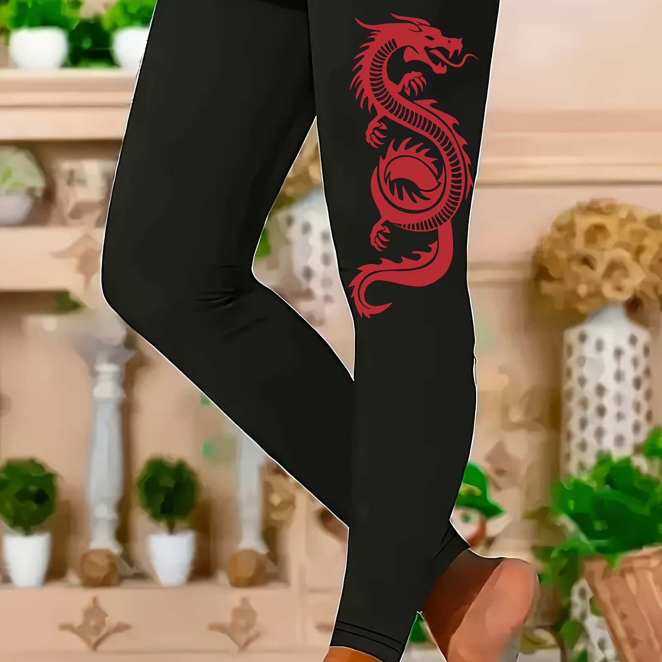 

Plus Size Casual Leggings For Women With Dragon Print, High Stretch Polyester And Spandex , Knit Skinny Tights