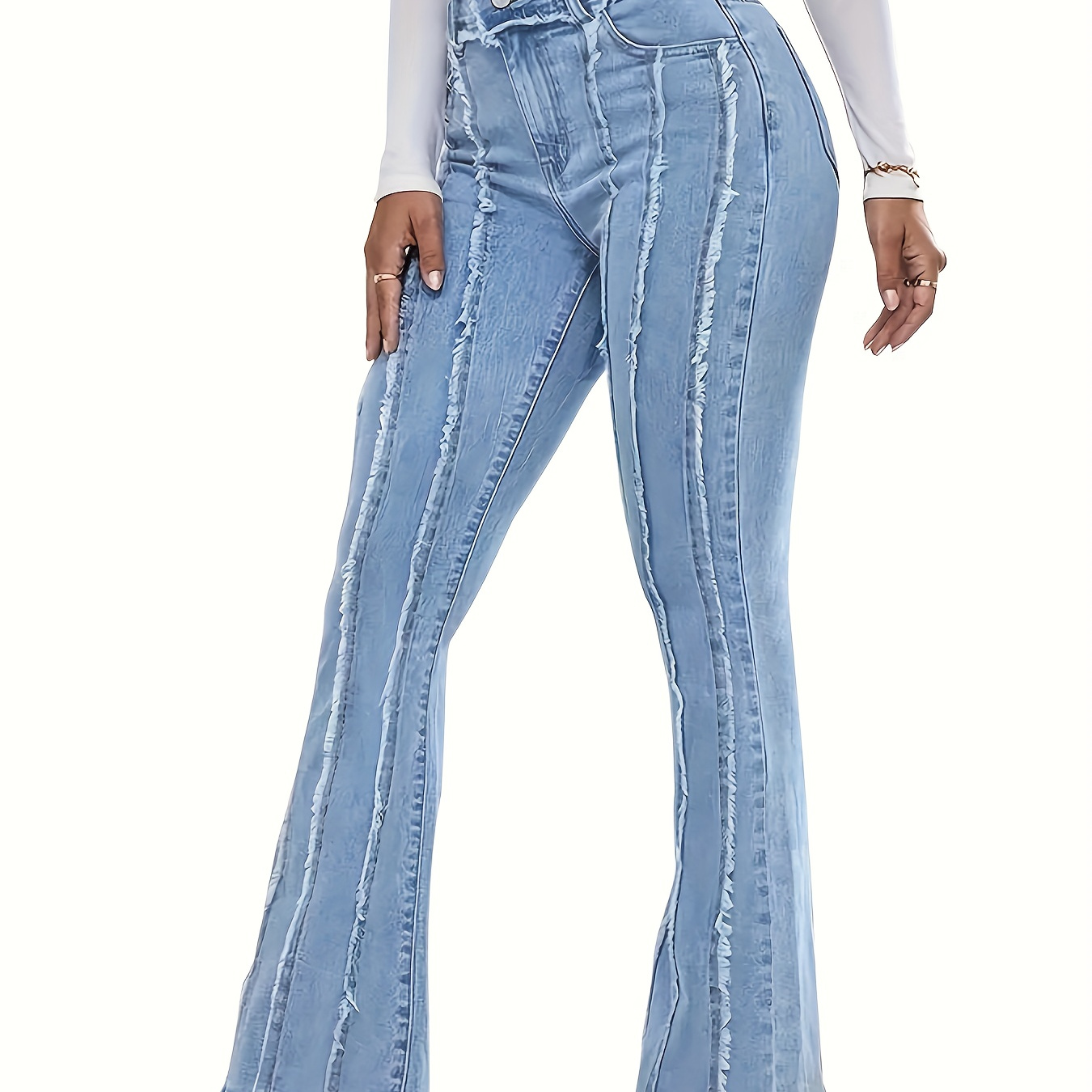 

Women's Casual Jeans, Plus Size Striped Raw Seam Medium Stretch Light Washed Blue High Rise Flare Leg Denim Pants