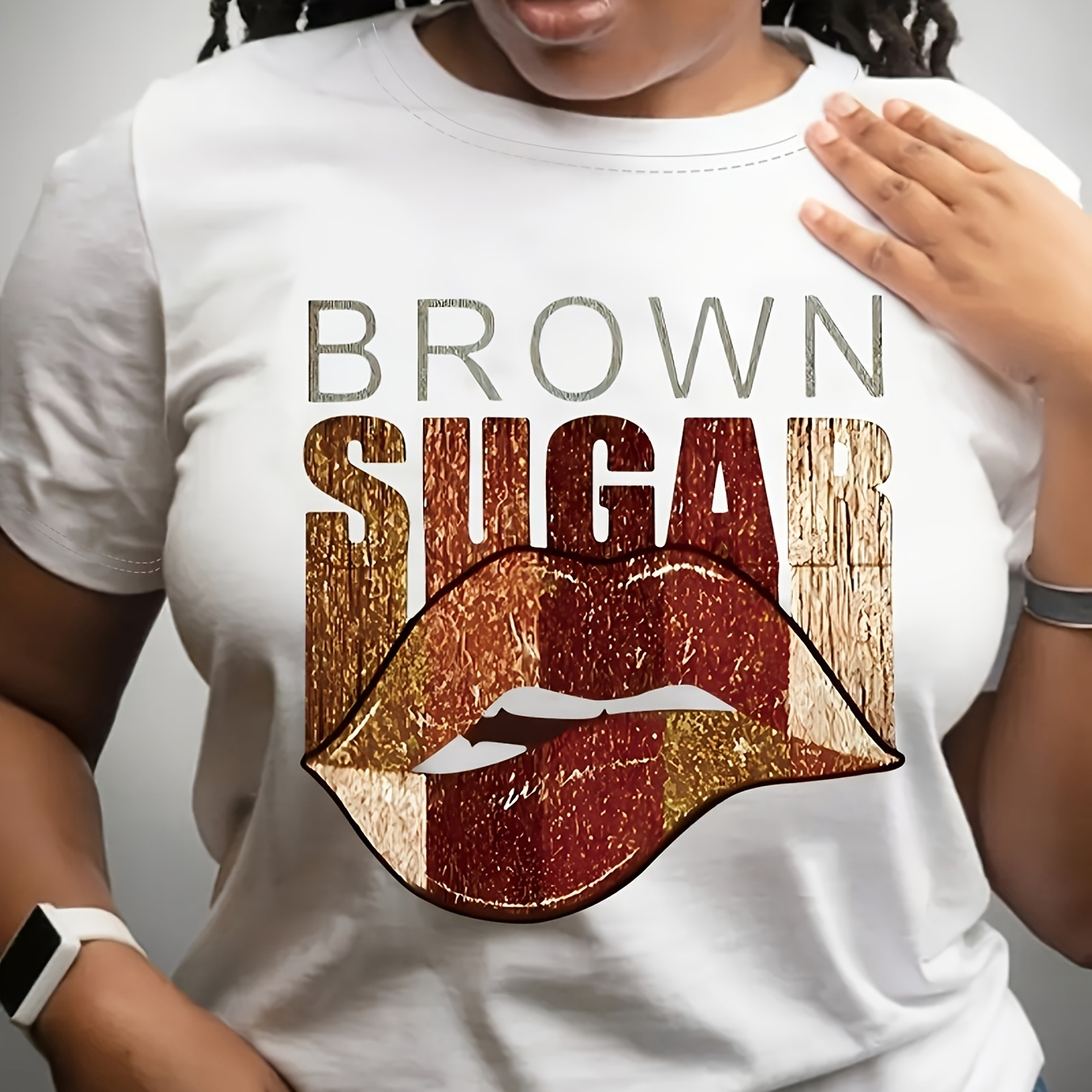 

Sugar Lip Print T-shirt, Short Sleeve Crew Neck Casual Top For Summer & Spring, Women's Clothing
