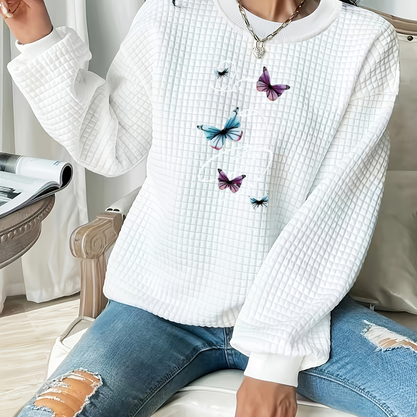 

Plus Size Butterfly Print Pullover Sweatshirt, Casual Waffle Knit Long Sleeve Crew Neck Sweatshirt For Fall & Spring, Women's Plus Size Clothing