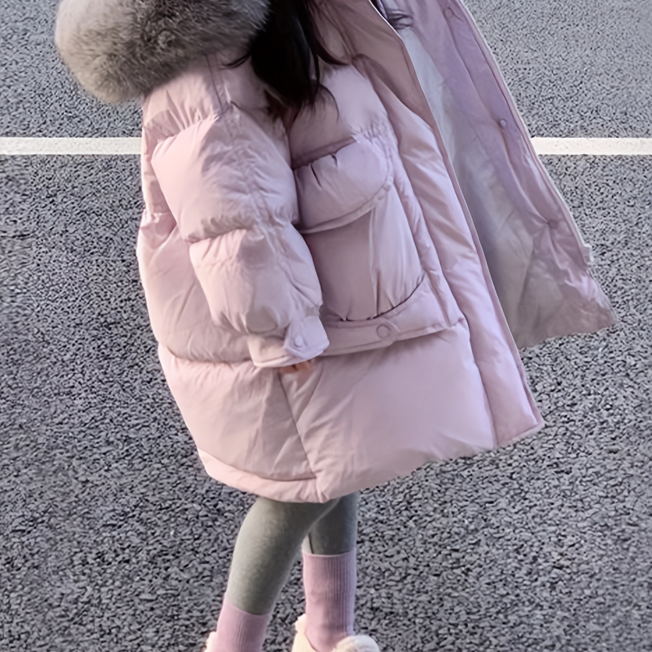 

' Winter Coat With Faux Fur Hood & Large Pockets - , Warm Polyester Jacket For