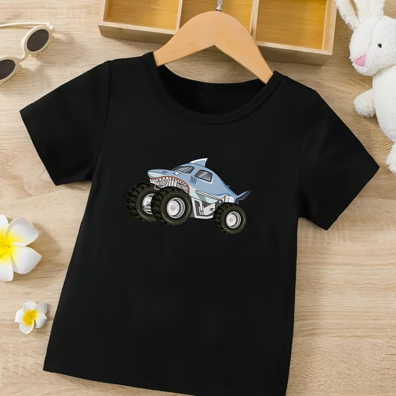 

Cartoon Shark Monster Truck Print Boy's Creative T-shirt, Casual Short Sleeve Crew Neck Top, Boy's Summer Clothing