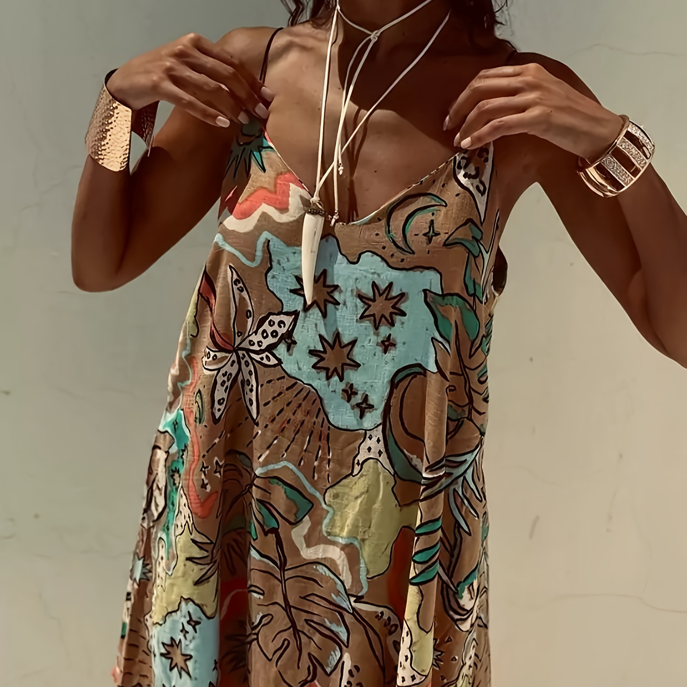 

Graphic Print V Neck Cami Dress, Casual Sleeveless Summer Dress, Women's Clothing