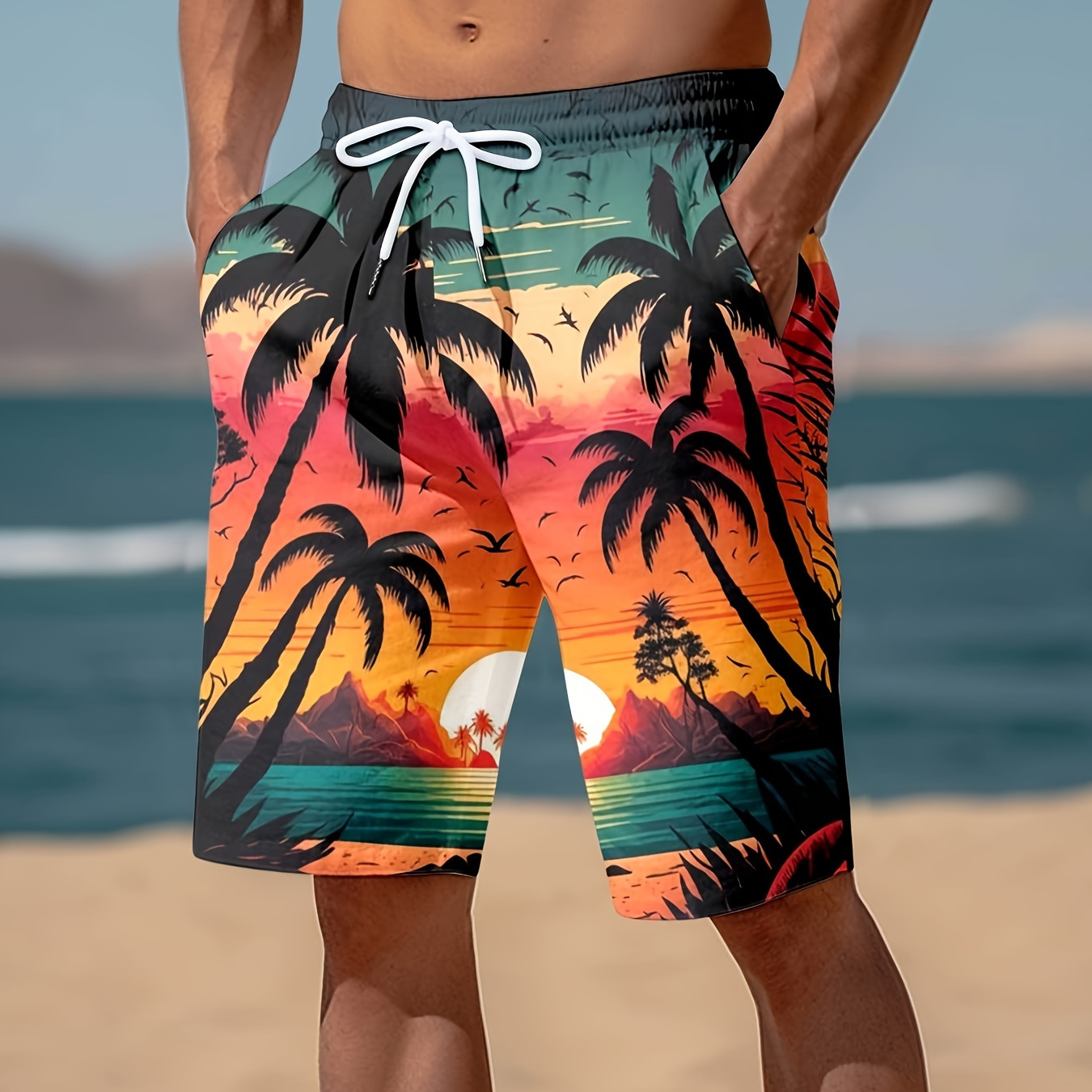 

Men's Hawaiian Beach Themed Sunset Pattern Print Shorts With Drawstring, Cool And Trendy Beach Pants Perfect For Summer Leisurewear And Beach Vacation