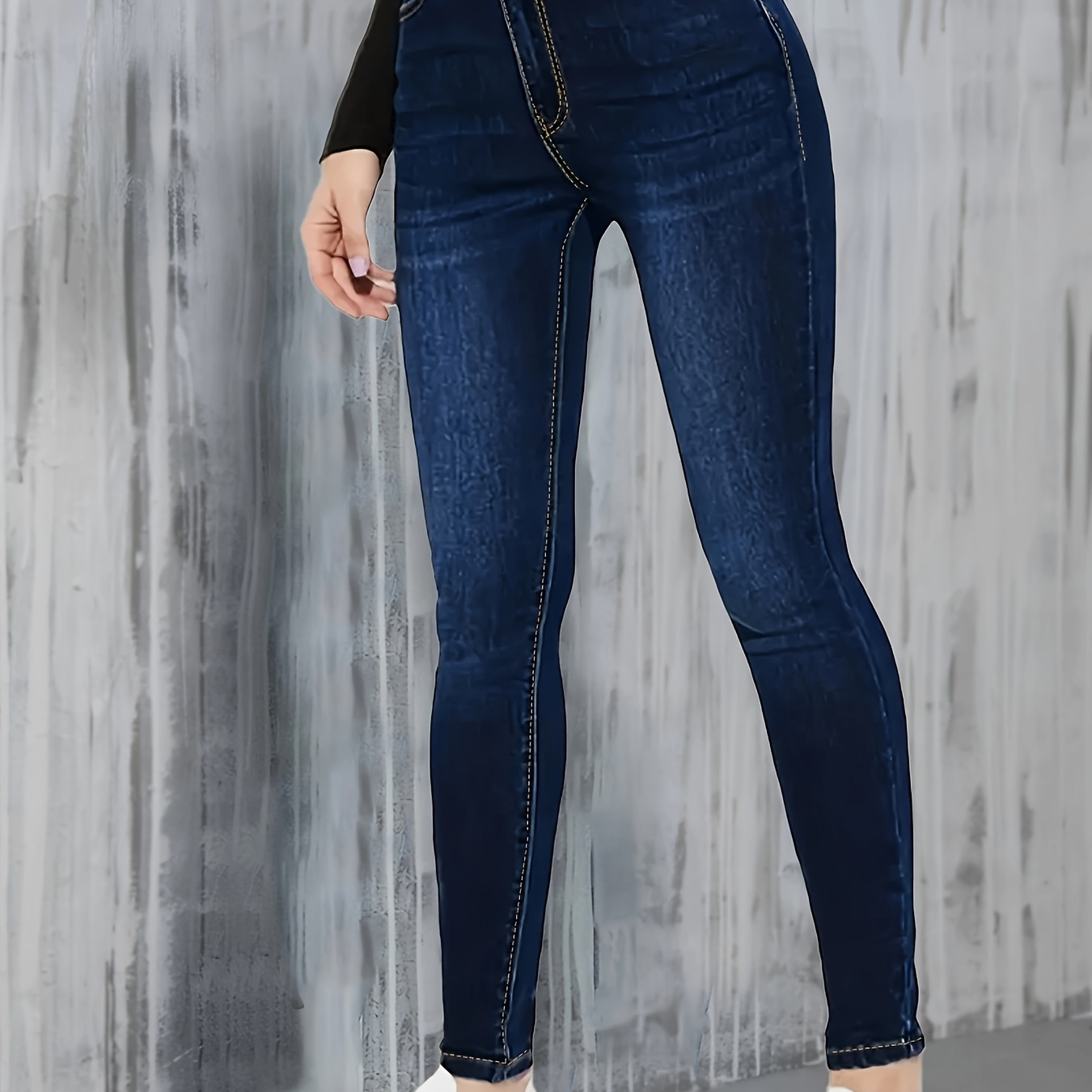 

Plain Washed Blue High Stretch Zipper Button Closure Denim Pants, Women's Denim Jeans & Clothing