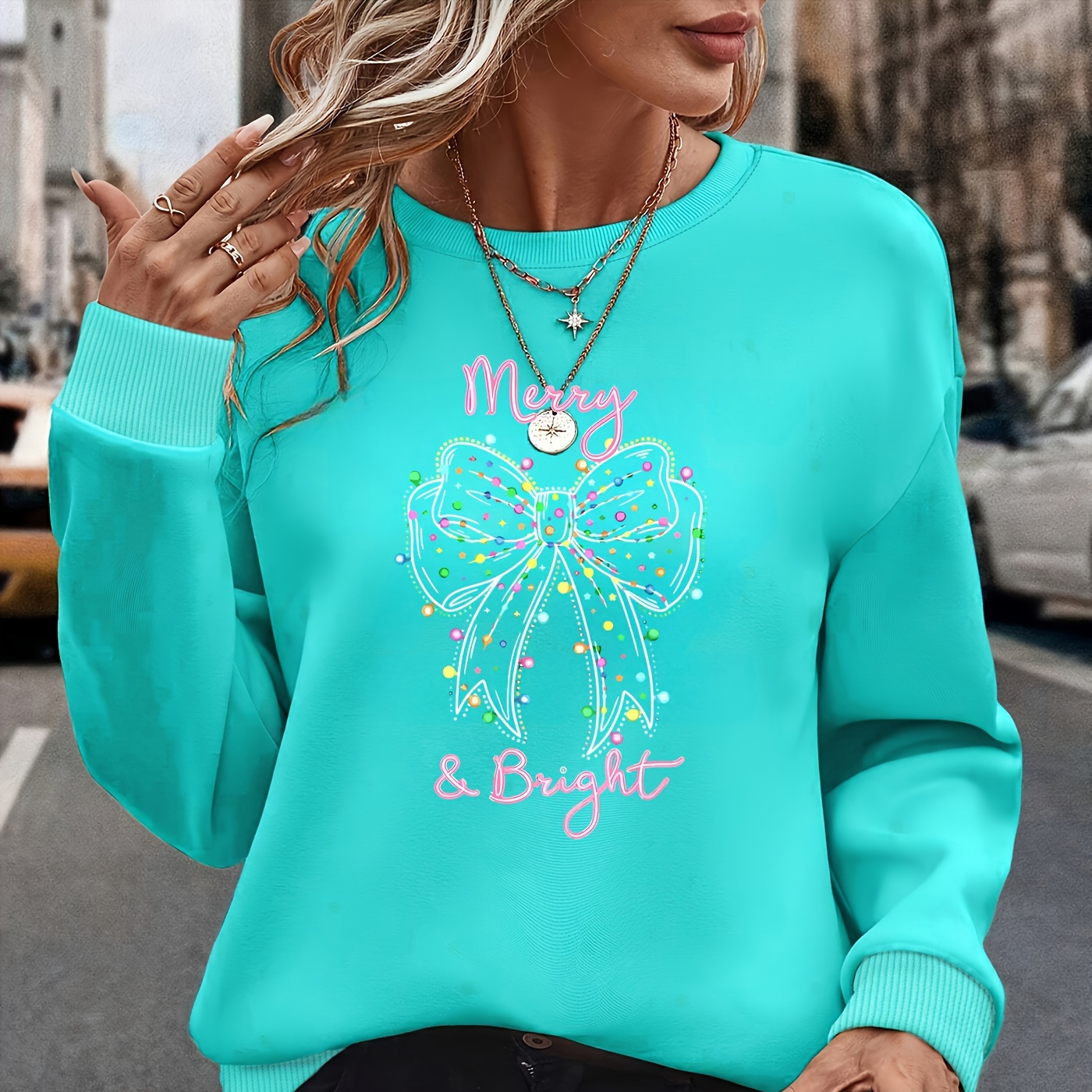 

Bow Print Pullover Sweatshirt, Casual Long Sleeve Crew Neck Sweatshirt For Fall & Winter, Women's Clothing