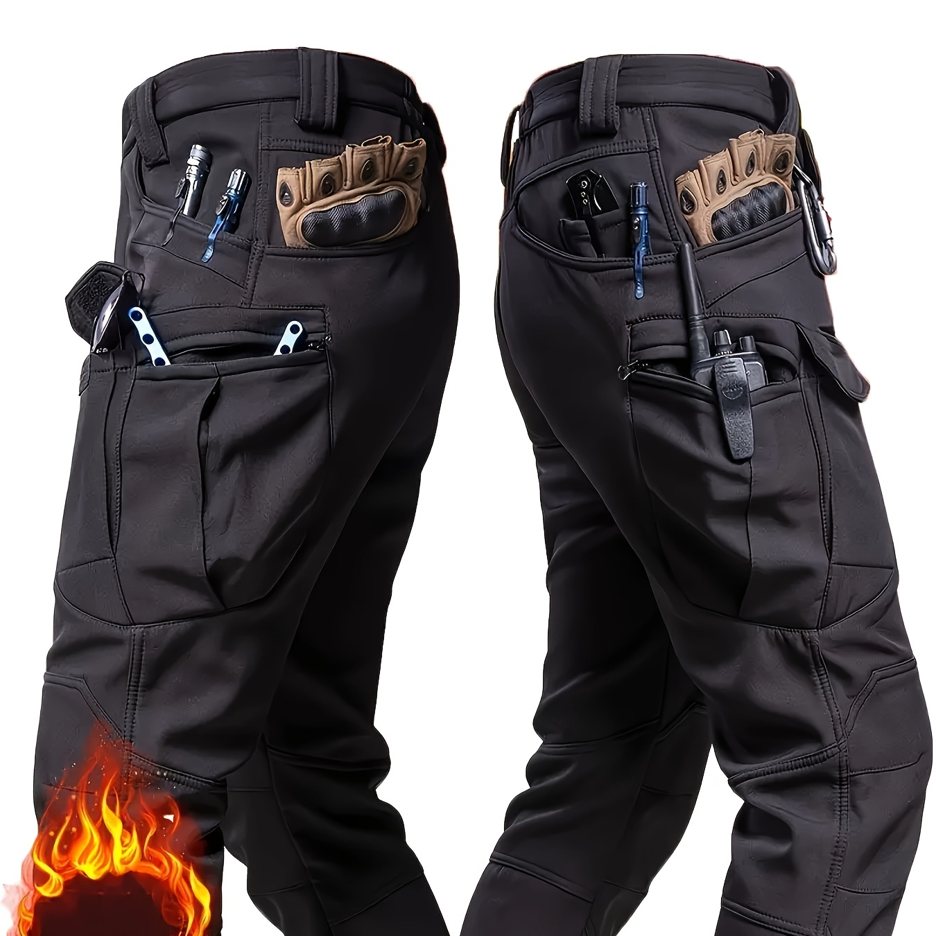 

1pcs Men's Fleece Tactical Cargo Pants, Multiple Pockets, Water-repellent, , Thickened And Warm,suitable For Outdoor Wear In Winter