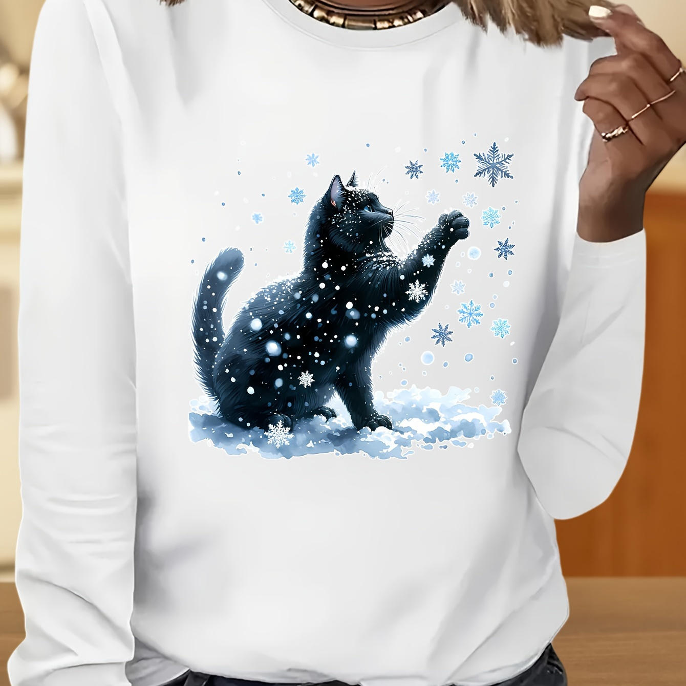 

1pc Christmas Cat Print Long Sleeve T-shirt For Women, Casual Round Neck Polyester Top With Applique, Knitted Fabric, Regular Length