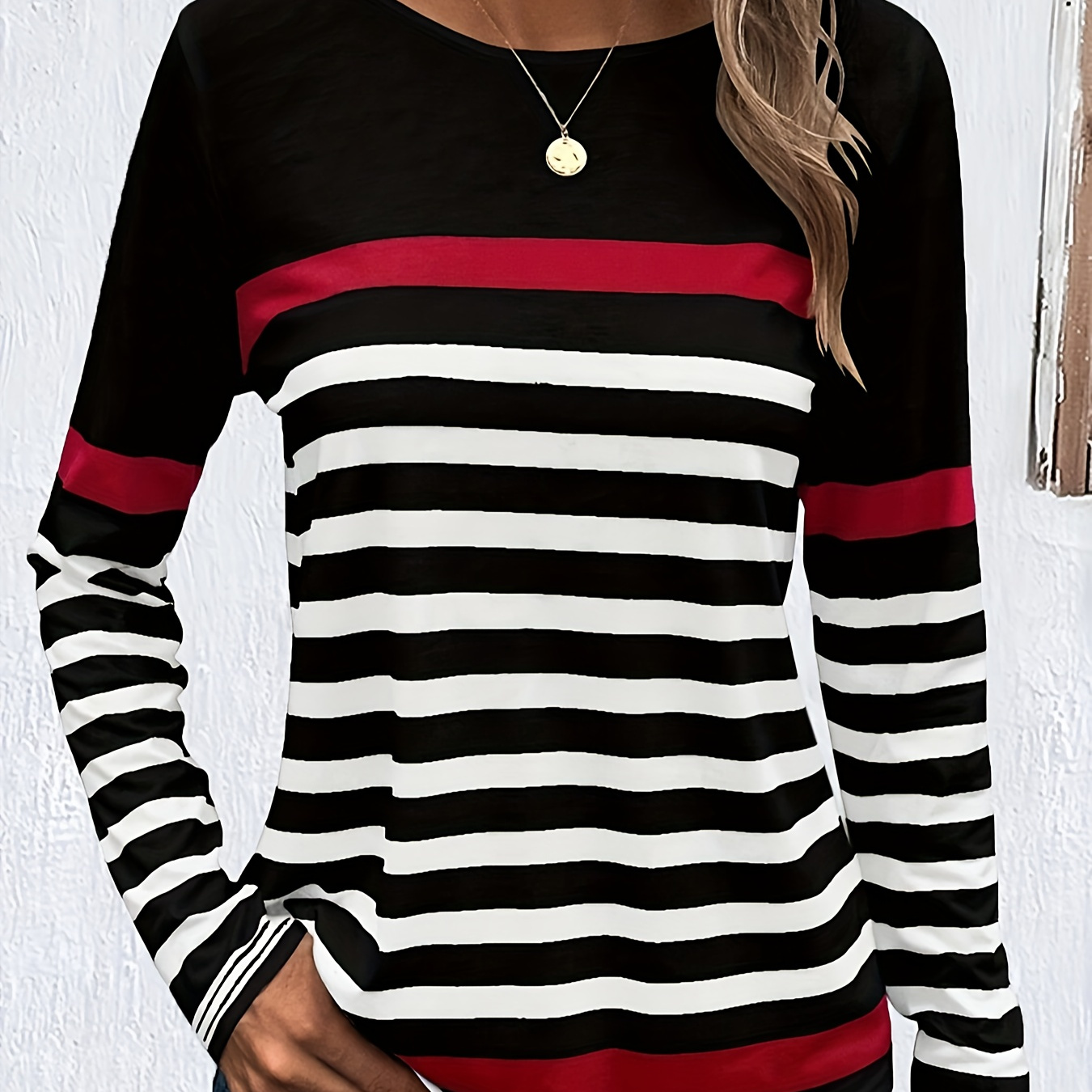 

Striped Print Crew Neck T-shirt, Casual Long Sleeve Top For Spring & Fall, Women's Clothing