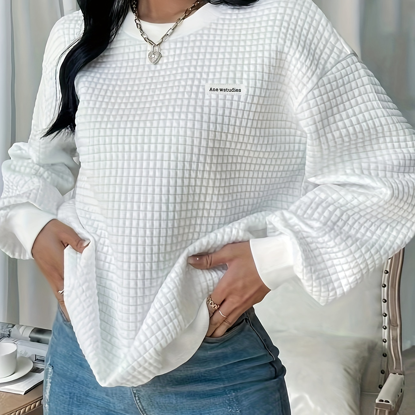 

Plus Size Casual Sweatshirt, Women's Plus Solid Letter Patch Waffle Pattern Long Sleeve Round Neck Sweatshirt