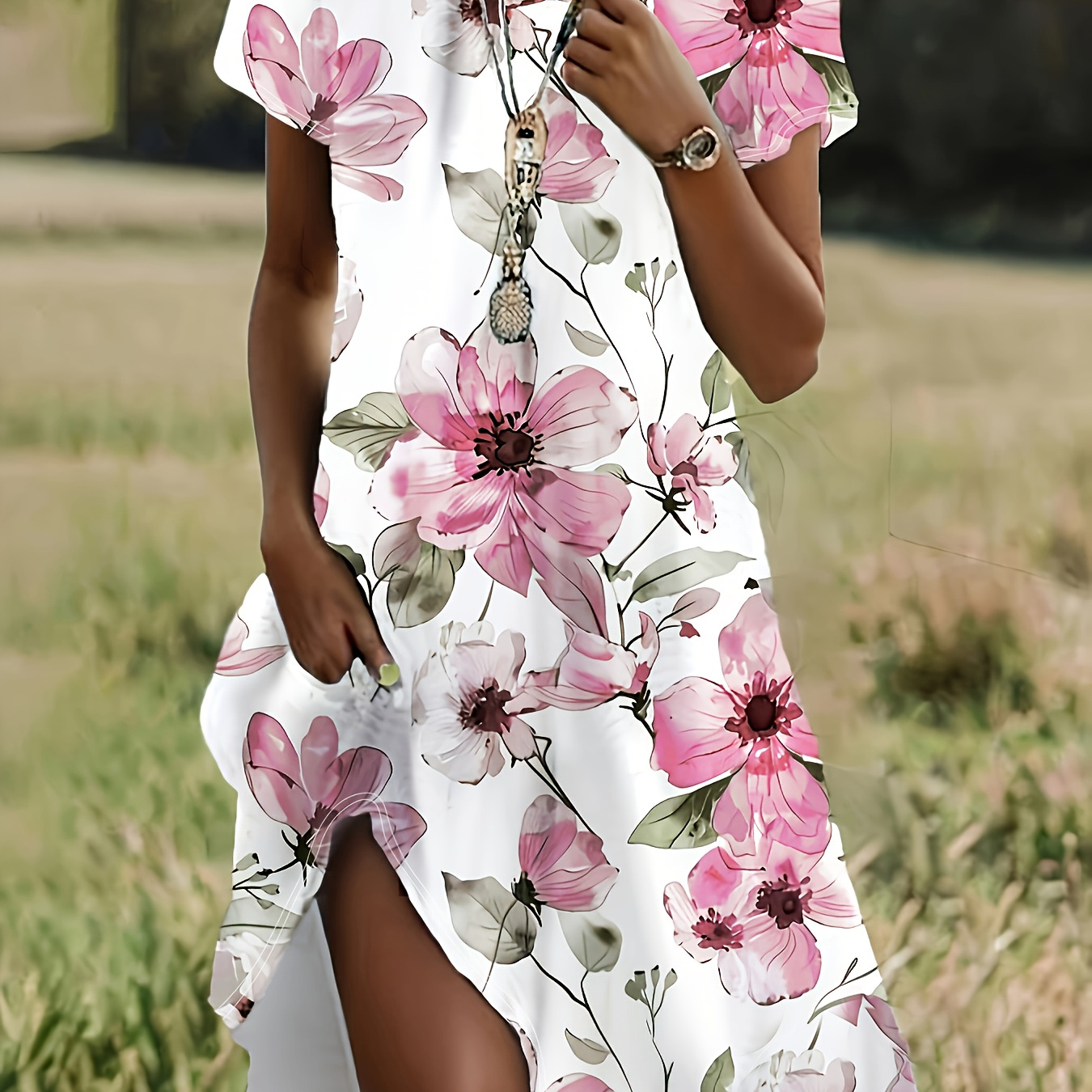 TDEOK Vestido Largo De Manga Corta Con Cuello En V Para Mujer Con Estampado  Casual, Oro, image size:1350x1350