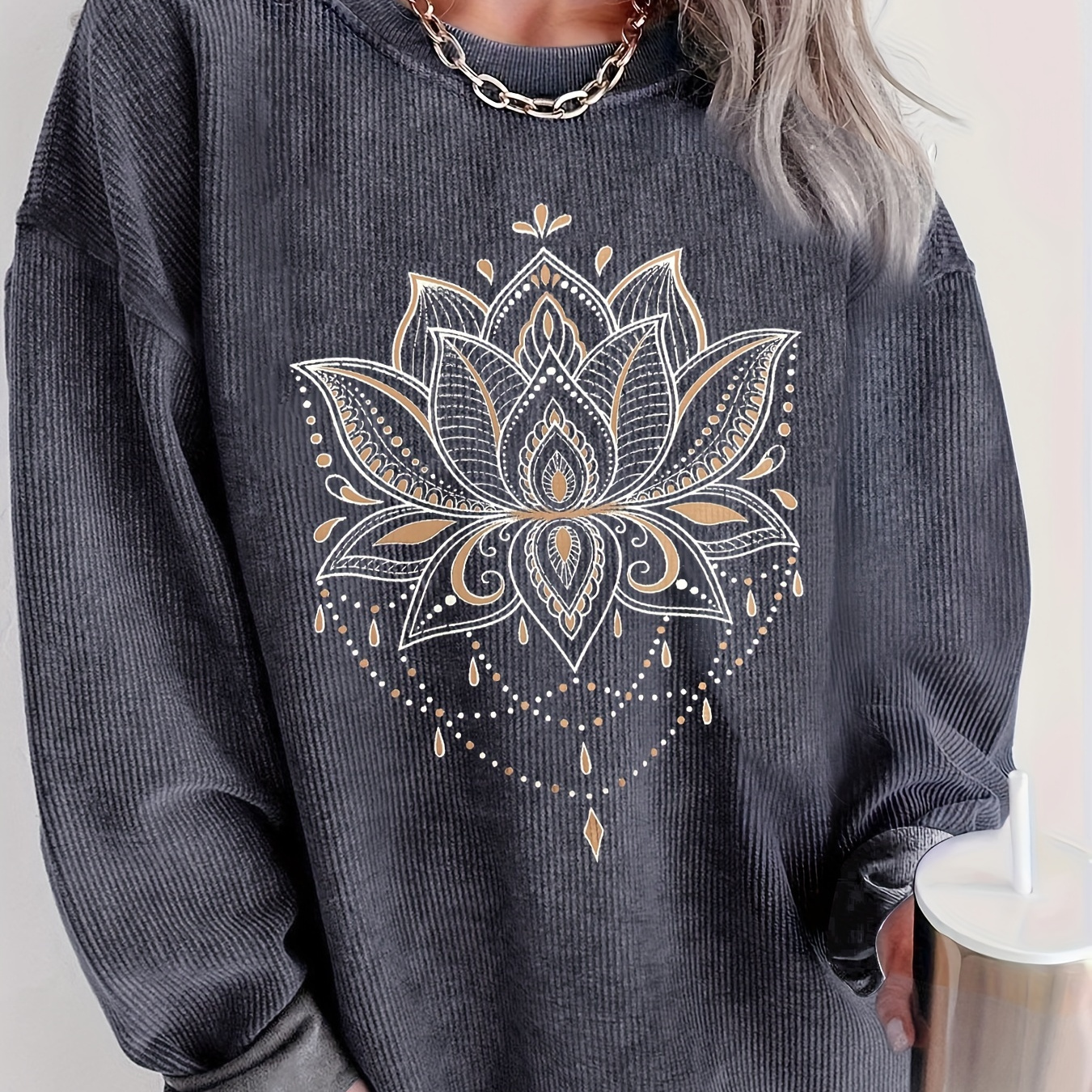 

Lotus Print Pullover Sweatshirt, Casual Long Sleeve Crew Neck Sweatshirt For Fall & Winter, Women's Clothing