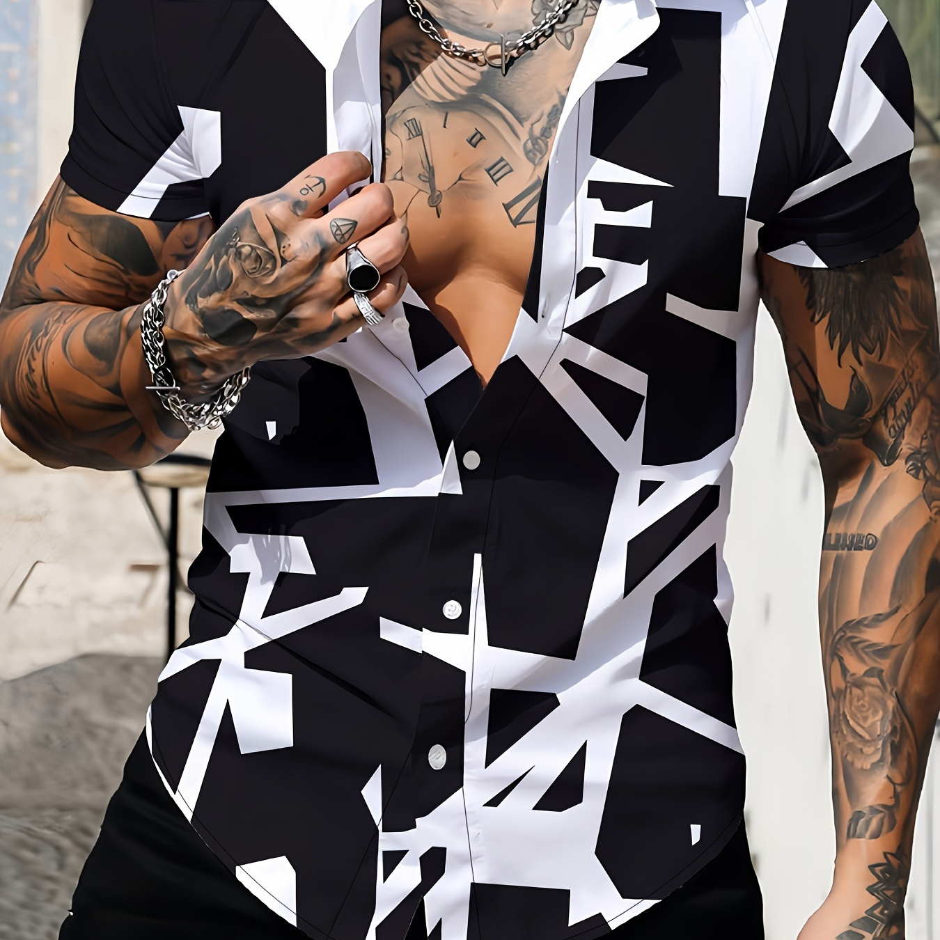 

Fashion Geometric Pattern Men's Short Sleeve Button Down Shirt, Summer Resort Vacation, Men's Leisurewear