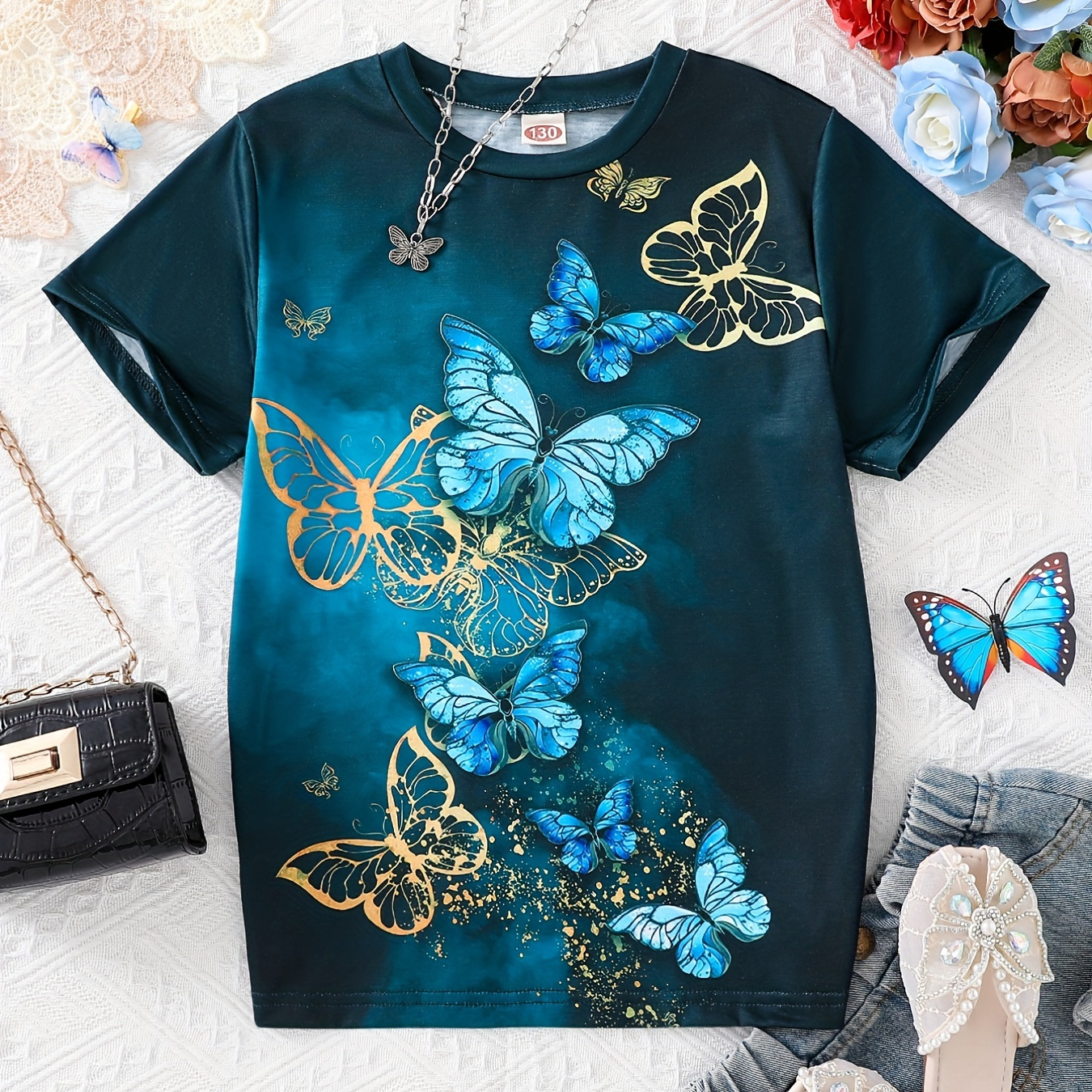 

Teen Girls T-shirts Trend ''butterflies'' Graphic Casual Tees Comfort Fit Short Sleeve Crew Neck Tees Top Kids Summer Clothes