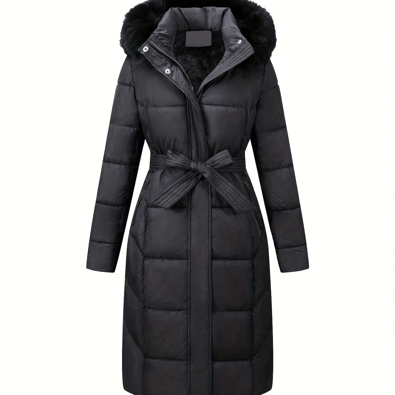 

1pc Elegant Women's Midi Winter Coat With Fur Hood And Belt Detail - Polyester, Long Sleeve, Solid Color, Woven, Non-waterproof Outerwear