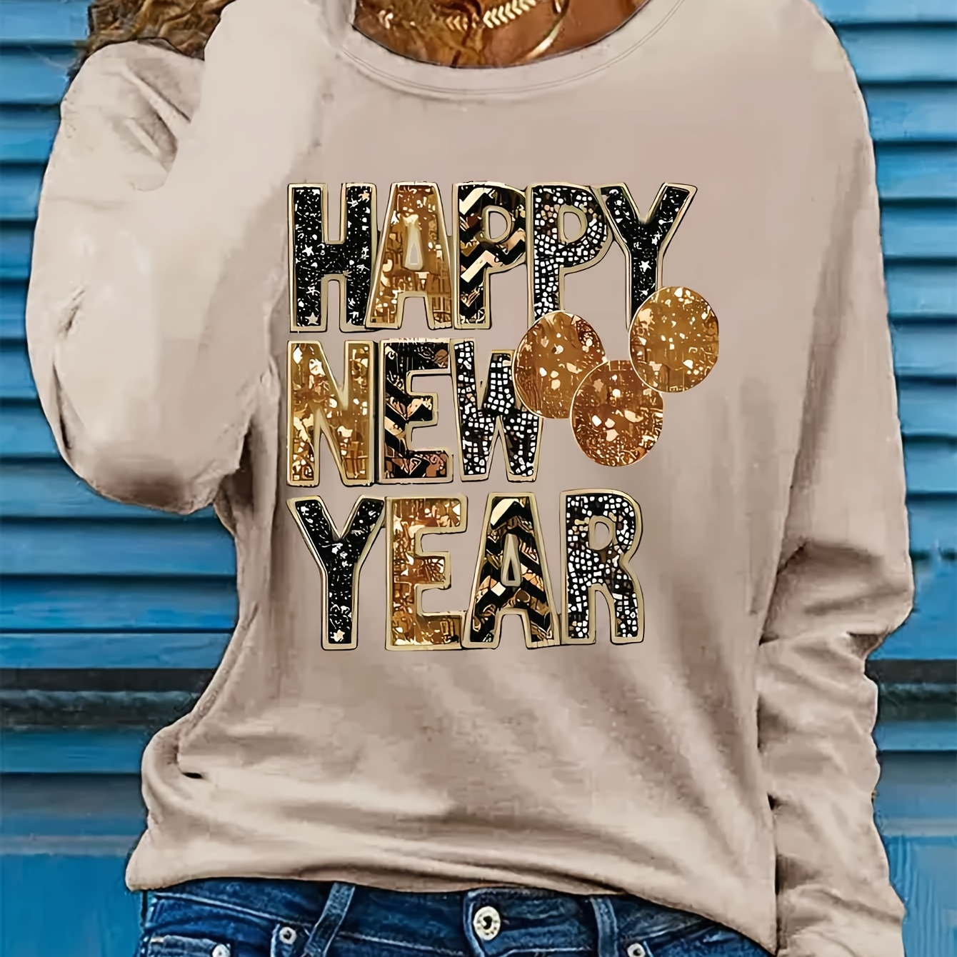 

Letter Element Happy New Year Print Round Neck Long Sleeve T-shirt