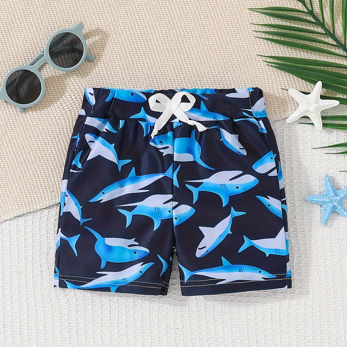 

Cartoon Shark Pattern Swim Trunks For Toddler Kids, Elastic Waist Beach Shorts, Baby Boy's Swimwear For Vacation
