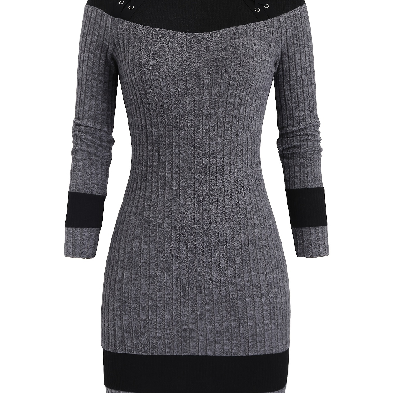 

Elegant Women's Casual Long Sleeve Dress - Ribbed Knit With Contrasting Trim, Crew Neck, Stretchy Polyester , Machine Washable - Spring/fall